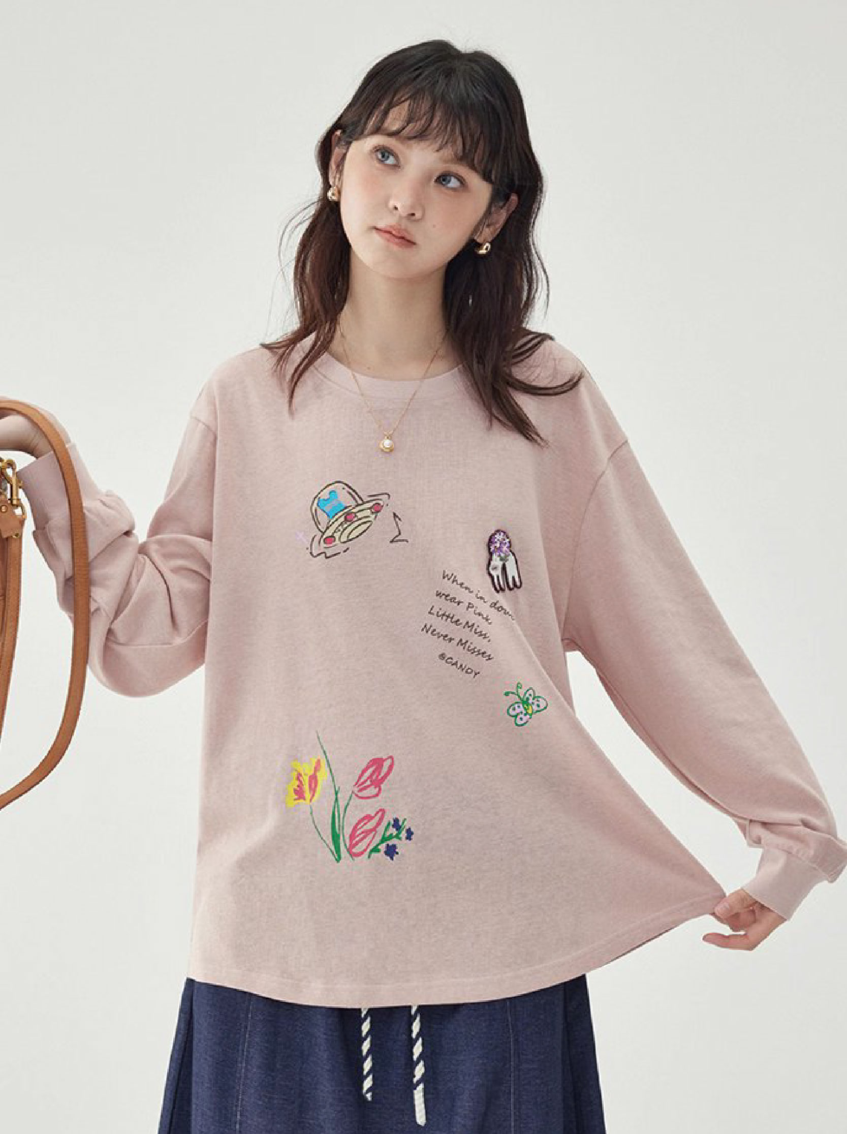 減齡印花落肩長袖粉紅T恤女秋新款寬鬆百搭上衣