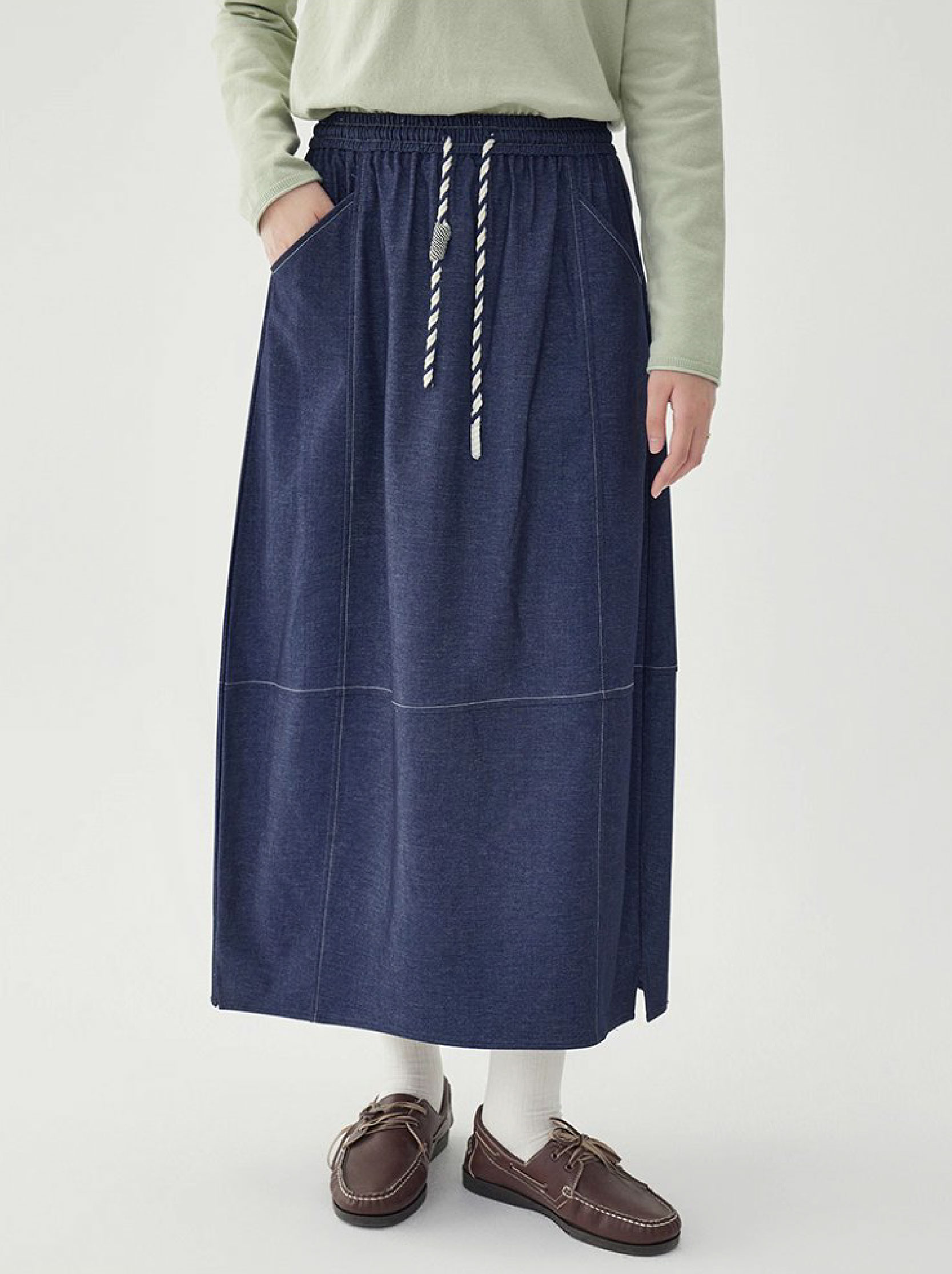 藍色鬆緊腰a字半身裙女秋季新款百搭抽繩中長裙