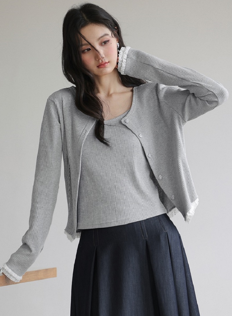 大尺碼灰色針織衫女吊帶背心初秋穿搭氣質套裝兩件式上衣