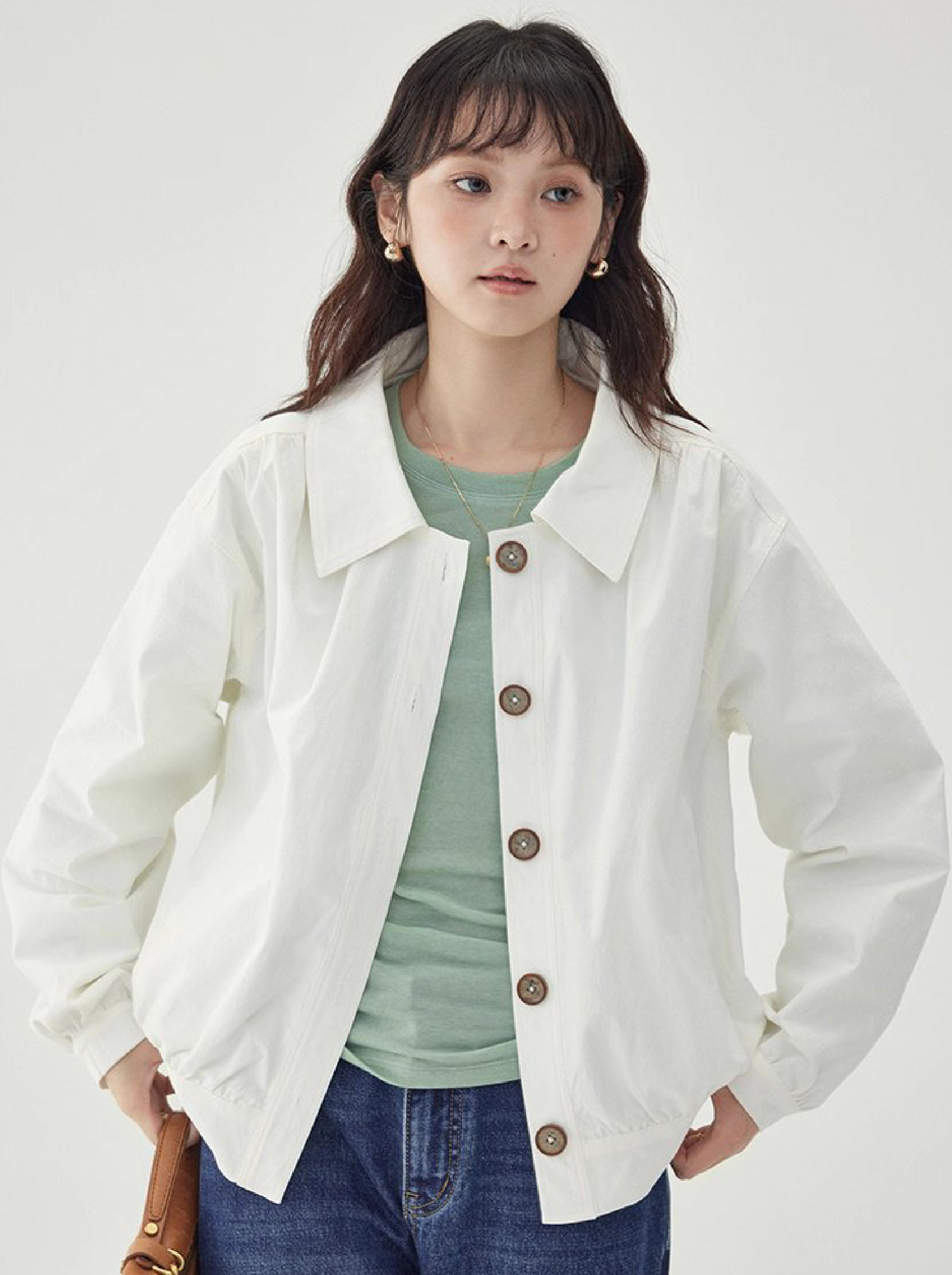 白色單排扣polo領長袖外套女25秋季新款寬鬆上衣