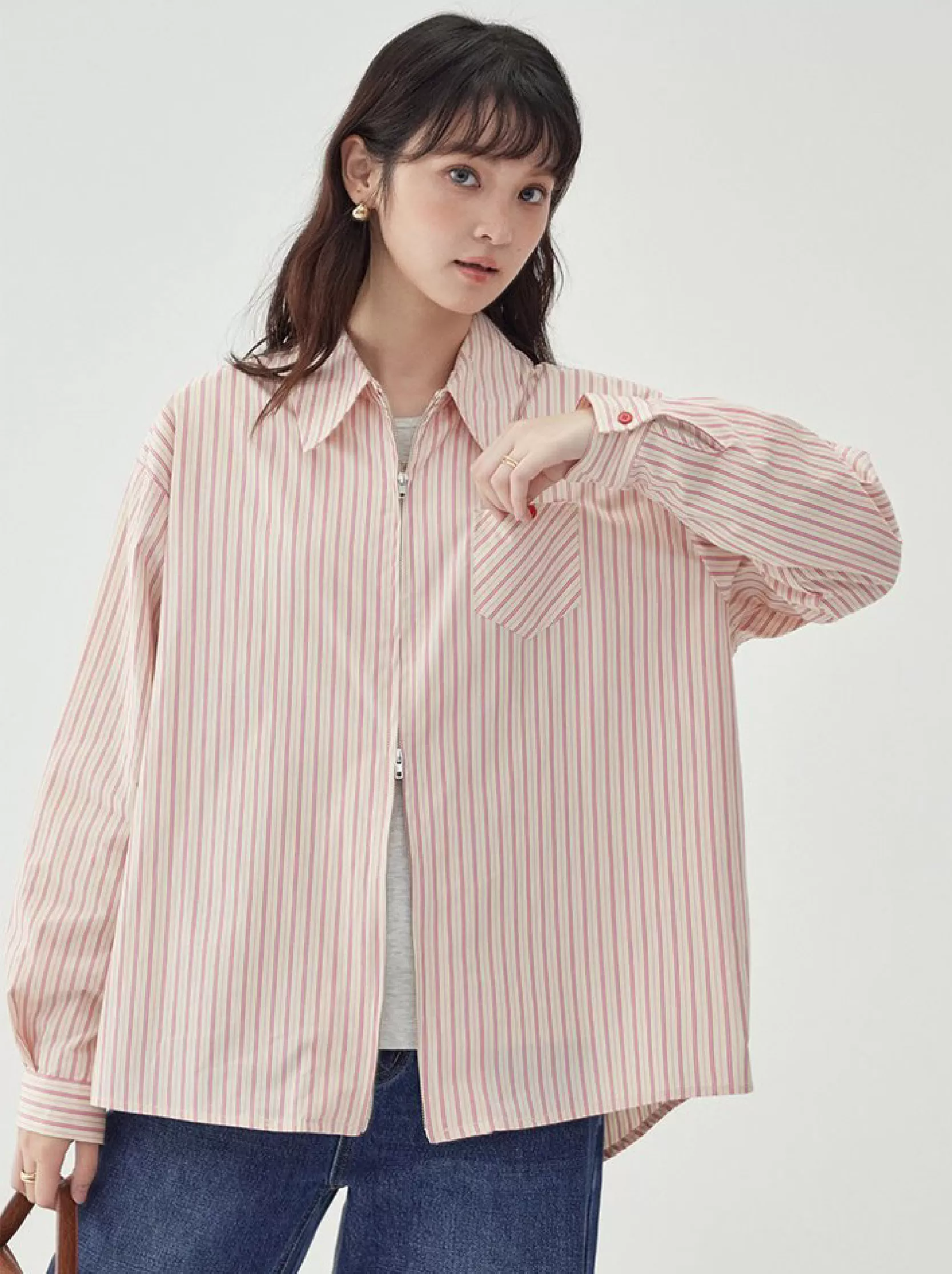 粉紅色圖案雙拉鍊長袖襯衫女秋季新款純棉外套上衣