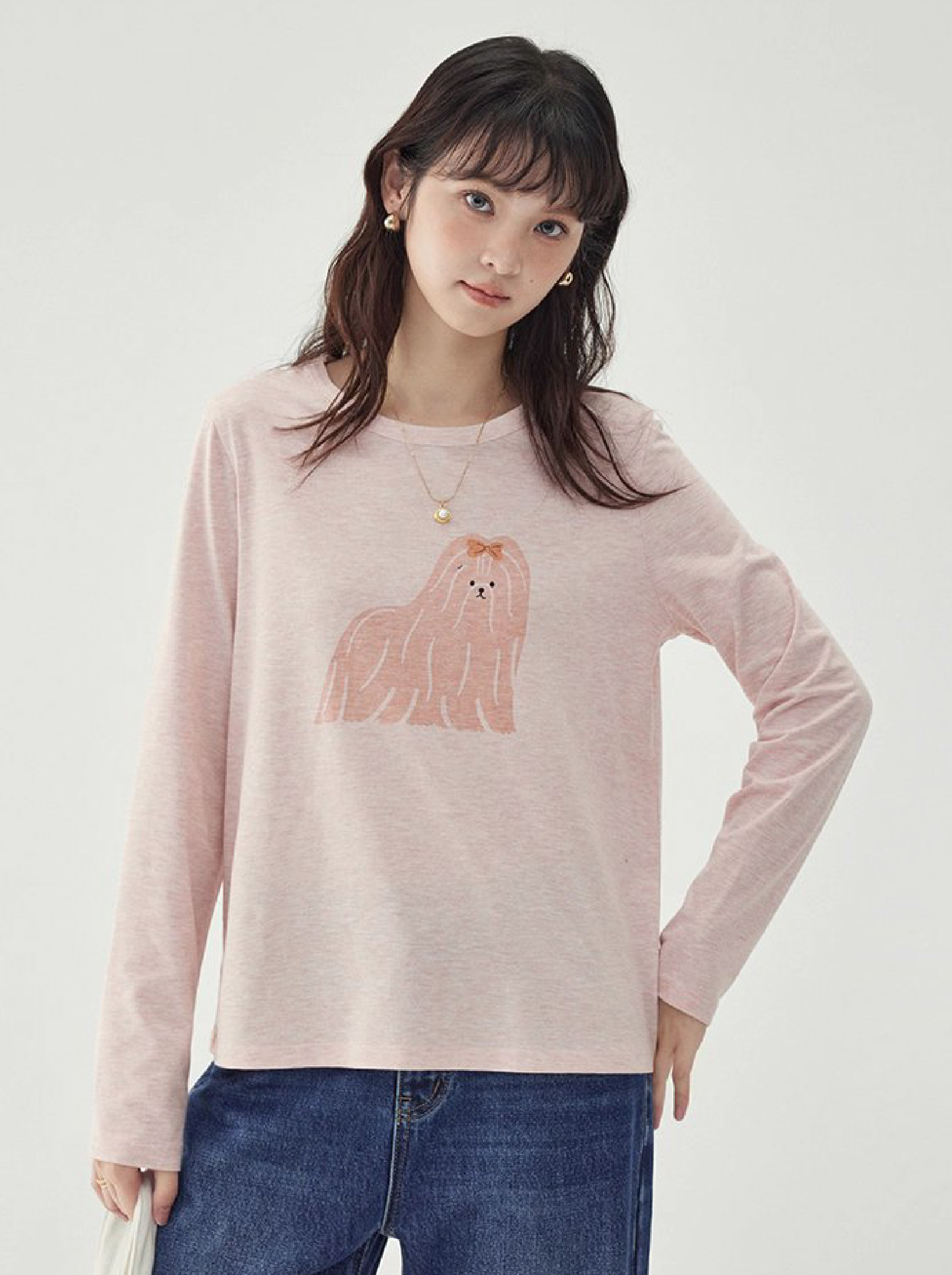 粉紅小狗印花長袖T恤女25秋季全新寬鬆減齡上衣