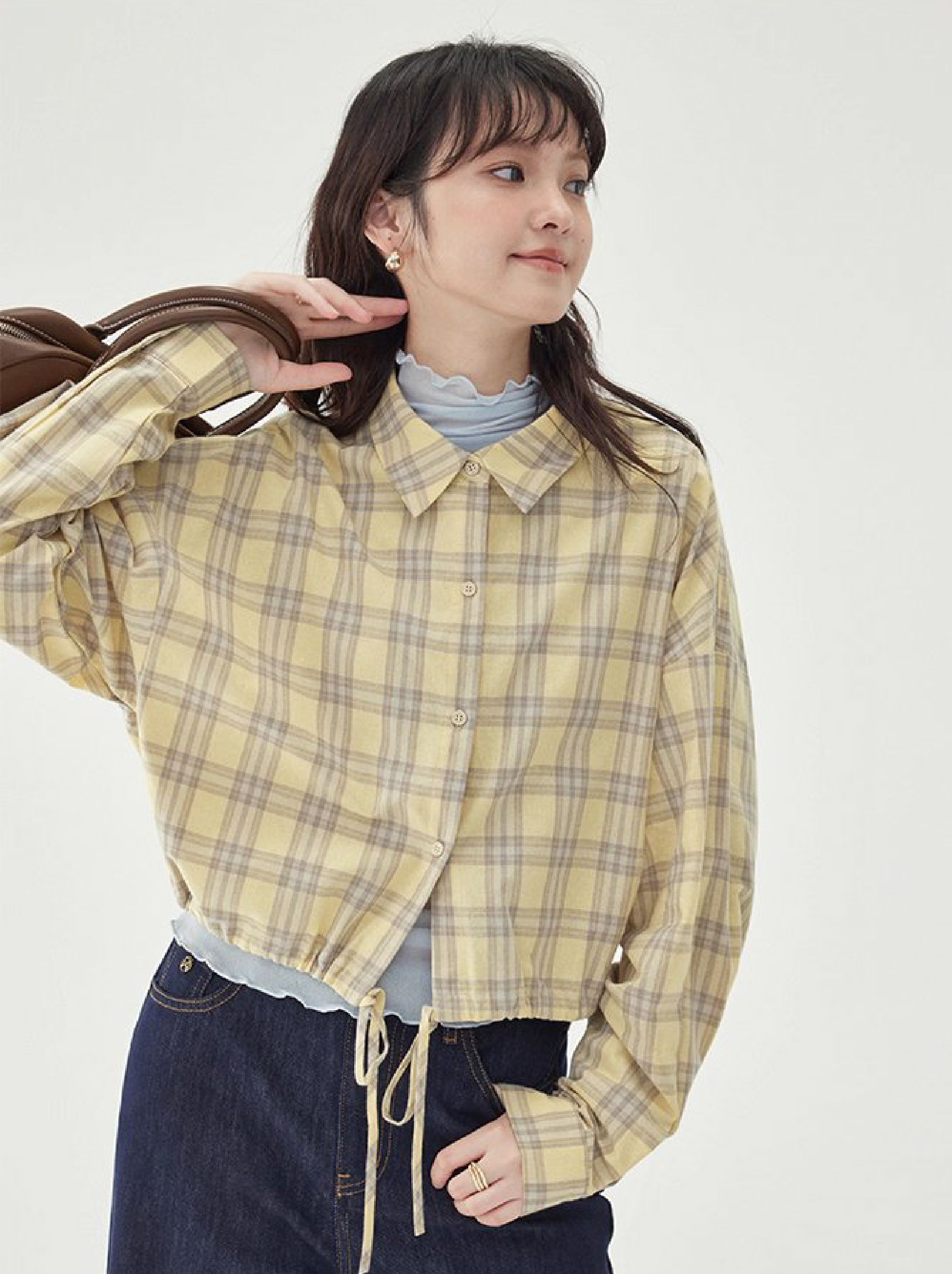 黃格單排扣抽繩下擺襯衫女秋季新款純棉長袖上衣