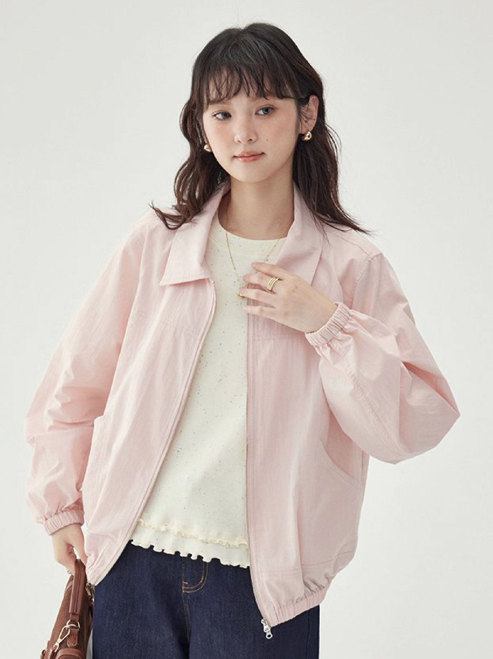 少女感粉紅拉鍊長袖外套女秋季新款翻領短版上衣