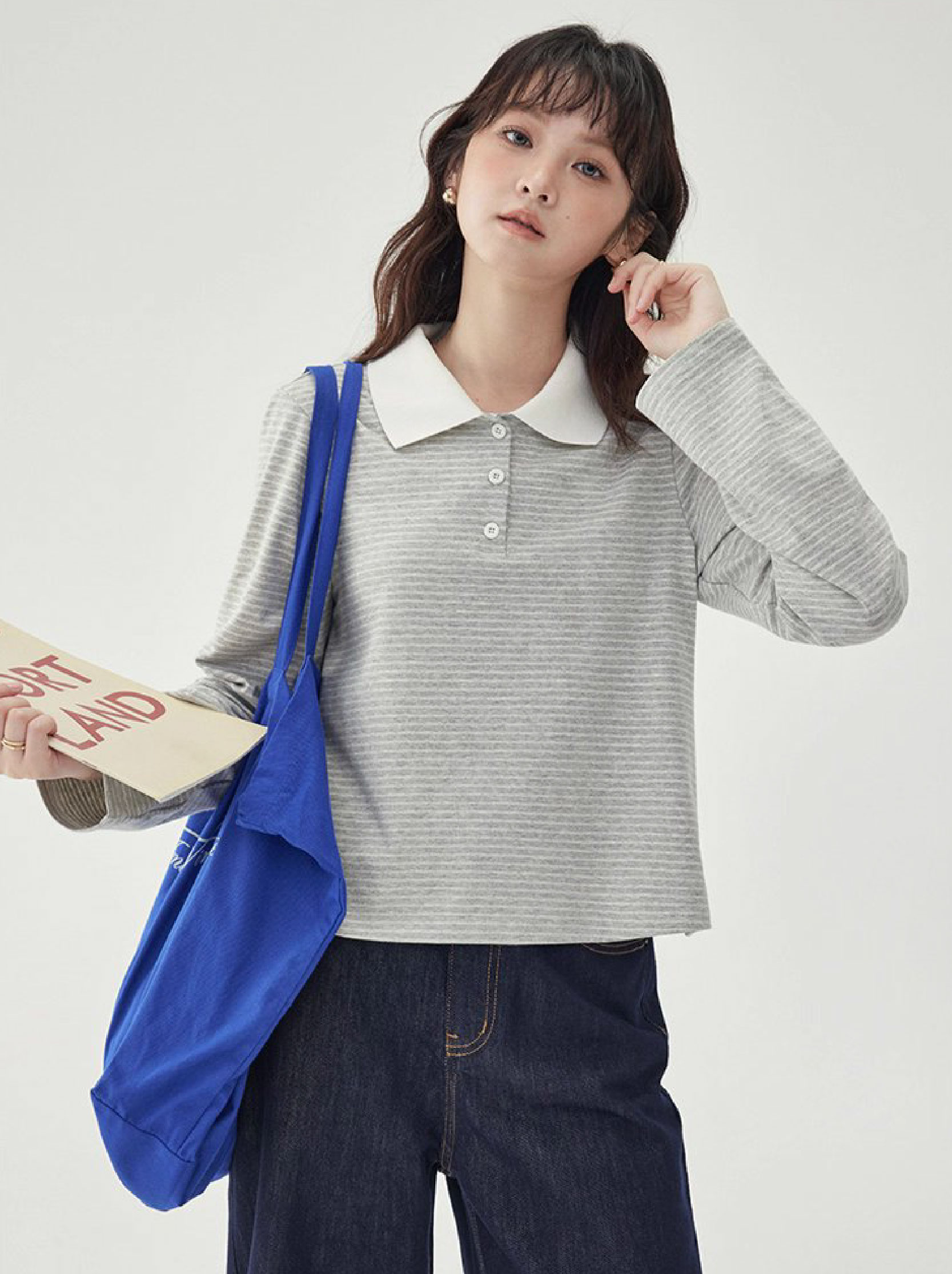 灰色條紋polo半開領t卹女秋季新款寬鬆長袖上衣