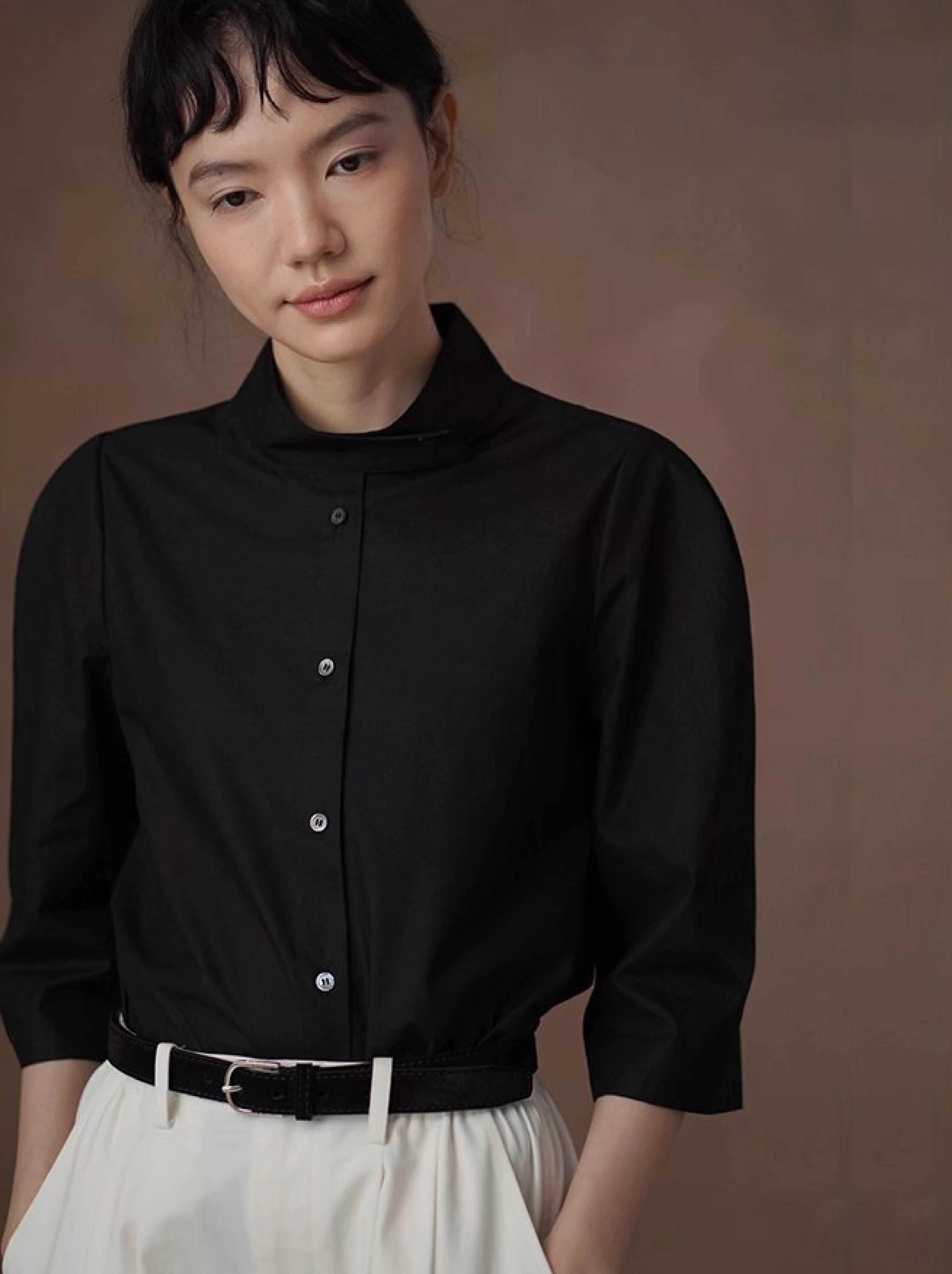 立裁版型挺括親膚萊賽爾棉上衣立領半袖通勤顯瘦襯衫女