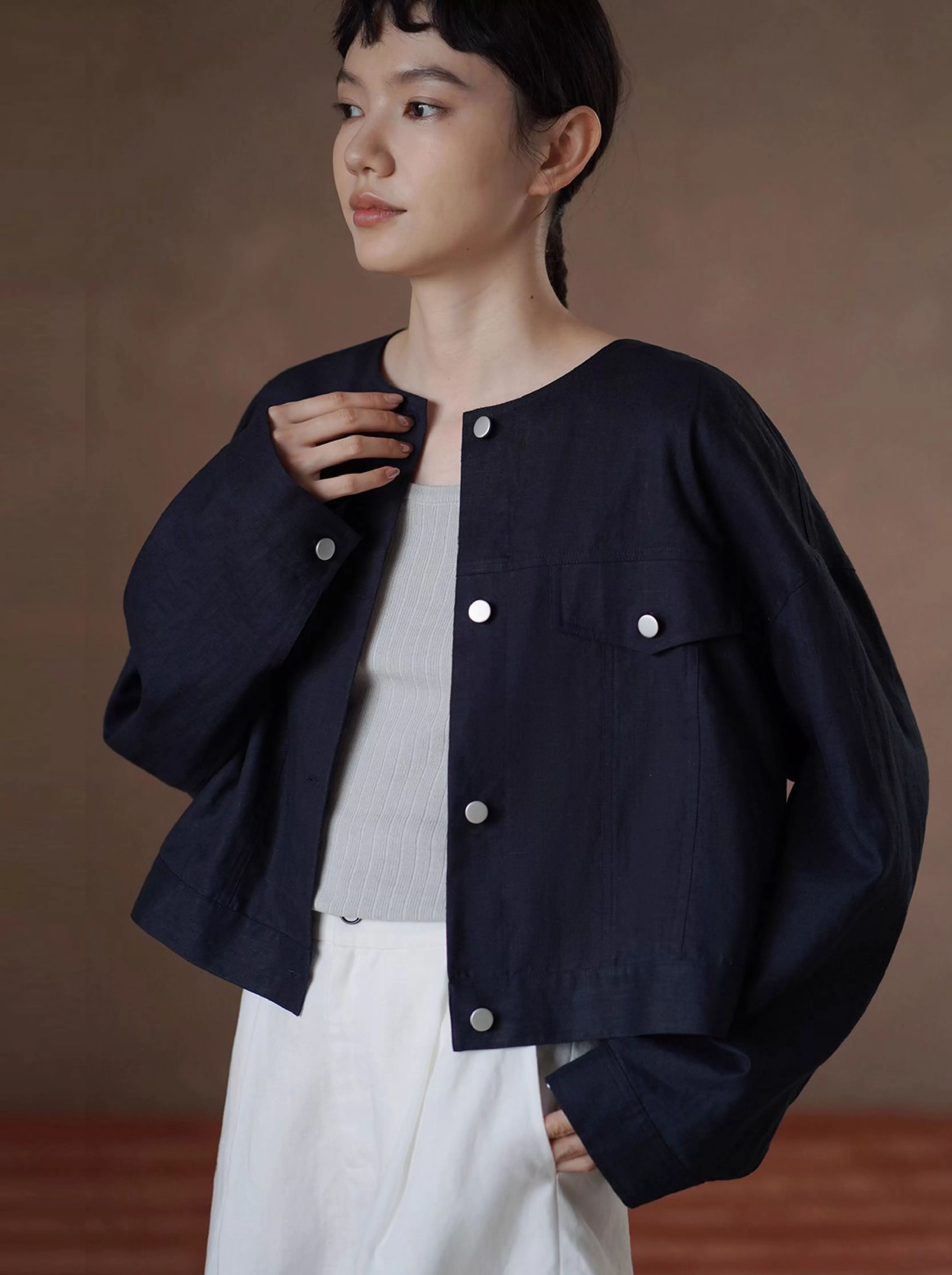 輕工裝挺括透氣苧麻棉寬鬆箱型短長袖顯瘦通勤外套女