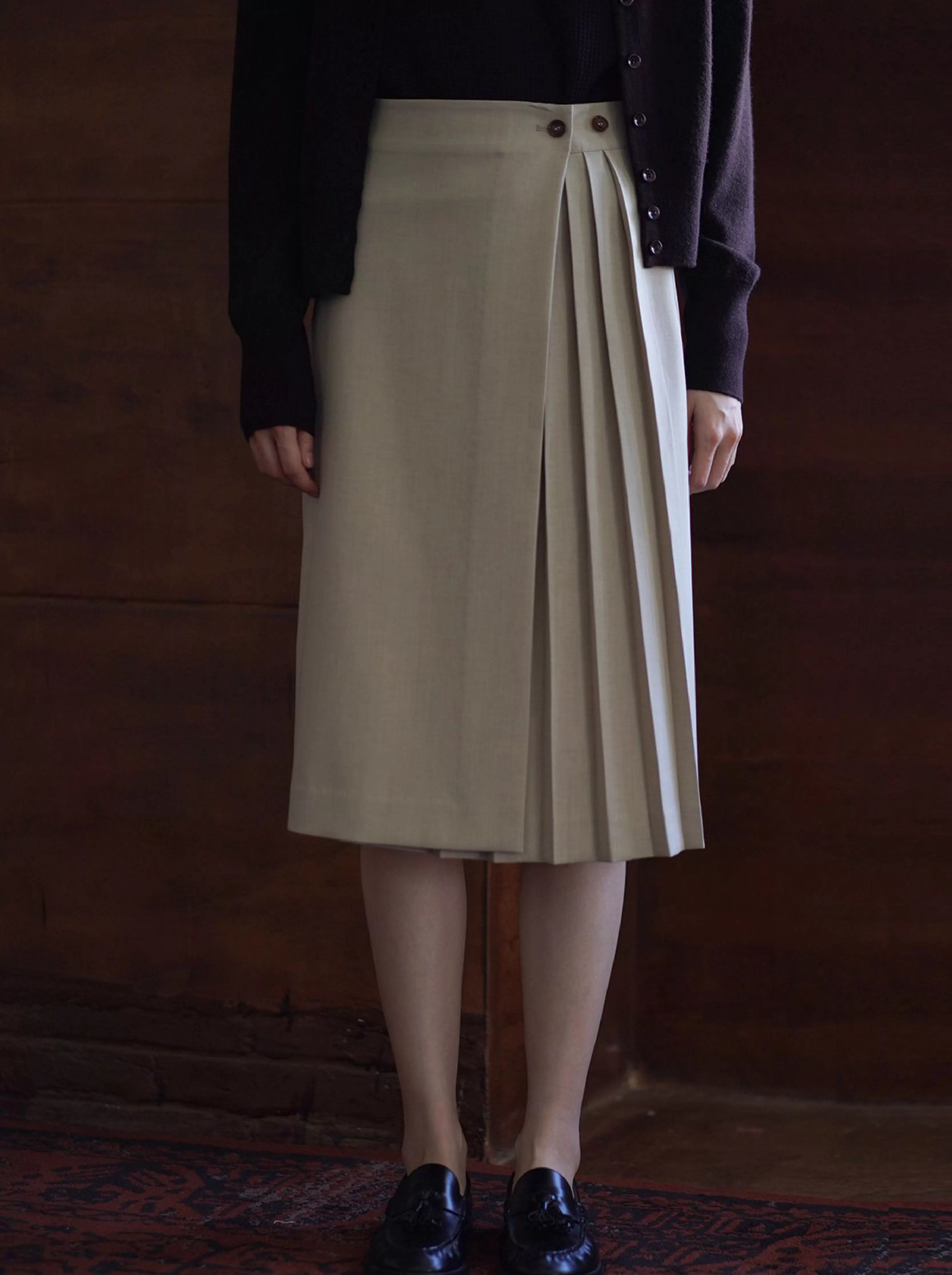 法式通勤一片圍裹式寬鬆直筒高腰不對稱壓褶顯瘦半身裙