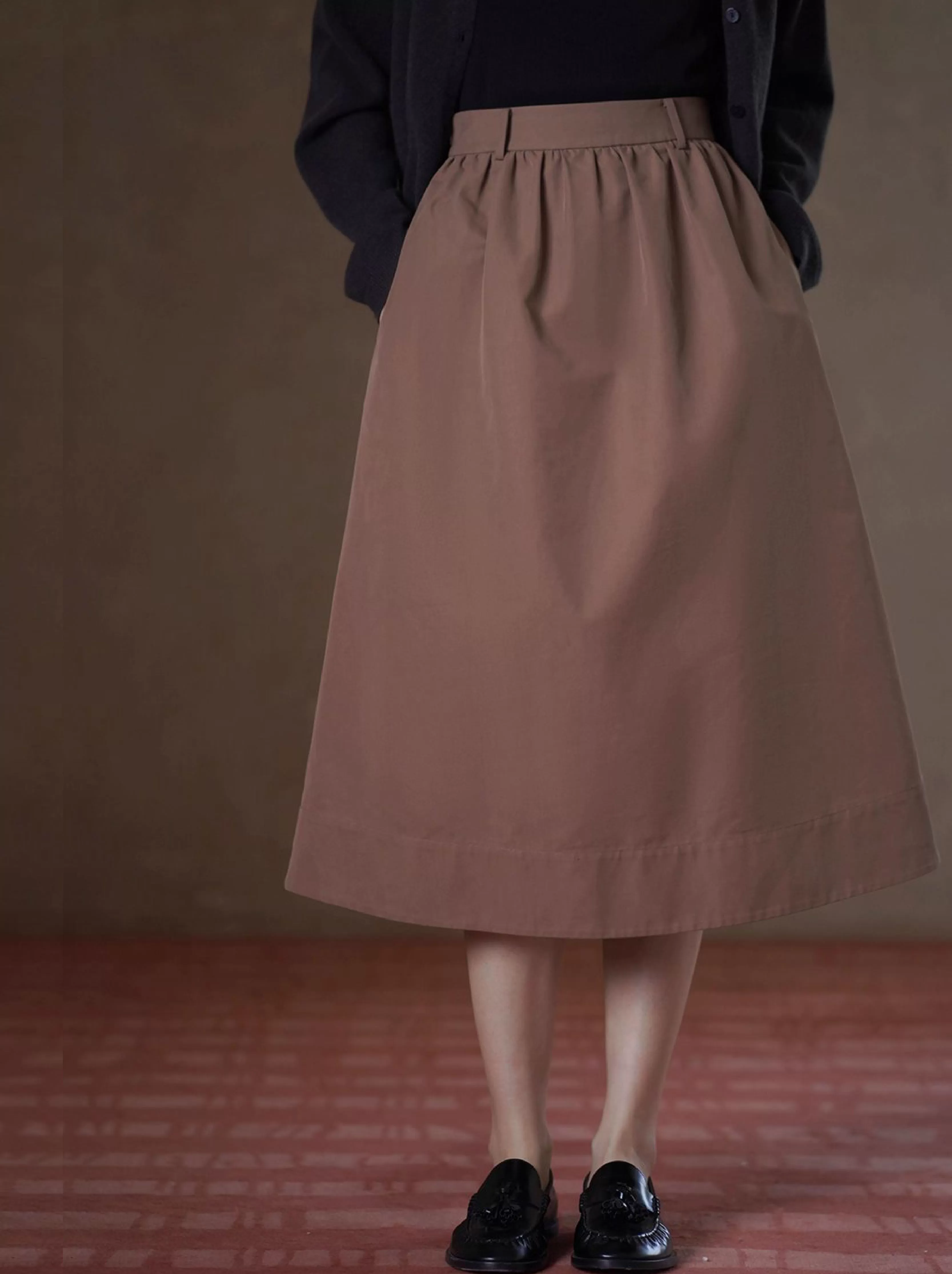 簡約寬腰頭抽褶顯瘦遮肉高腰挺括A字蓬蓬裙梨形半身裙女