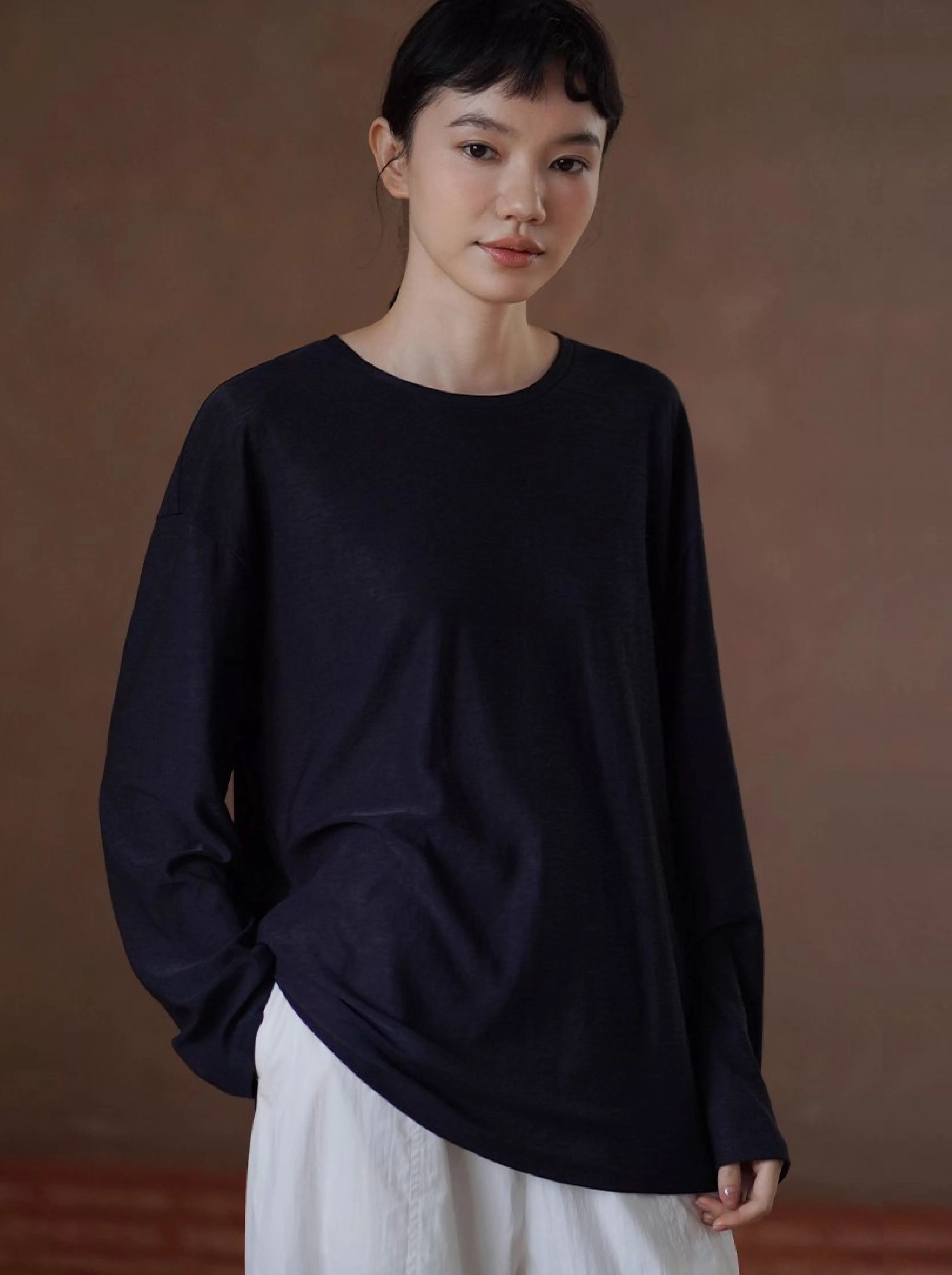 高品質桑蠶絲棉亞麻混紡竹節麻肌理感寬鬆顯瘦長袖T恤女