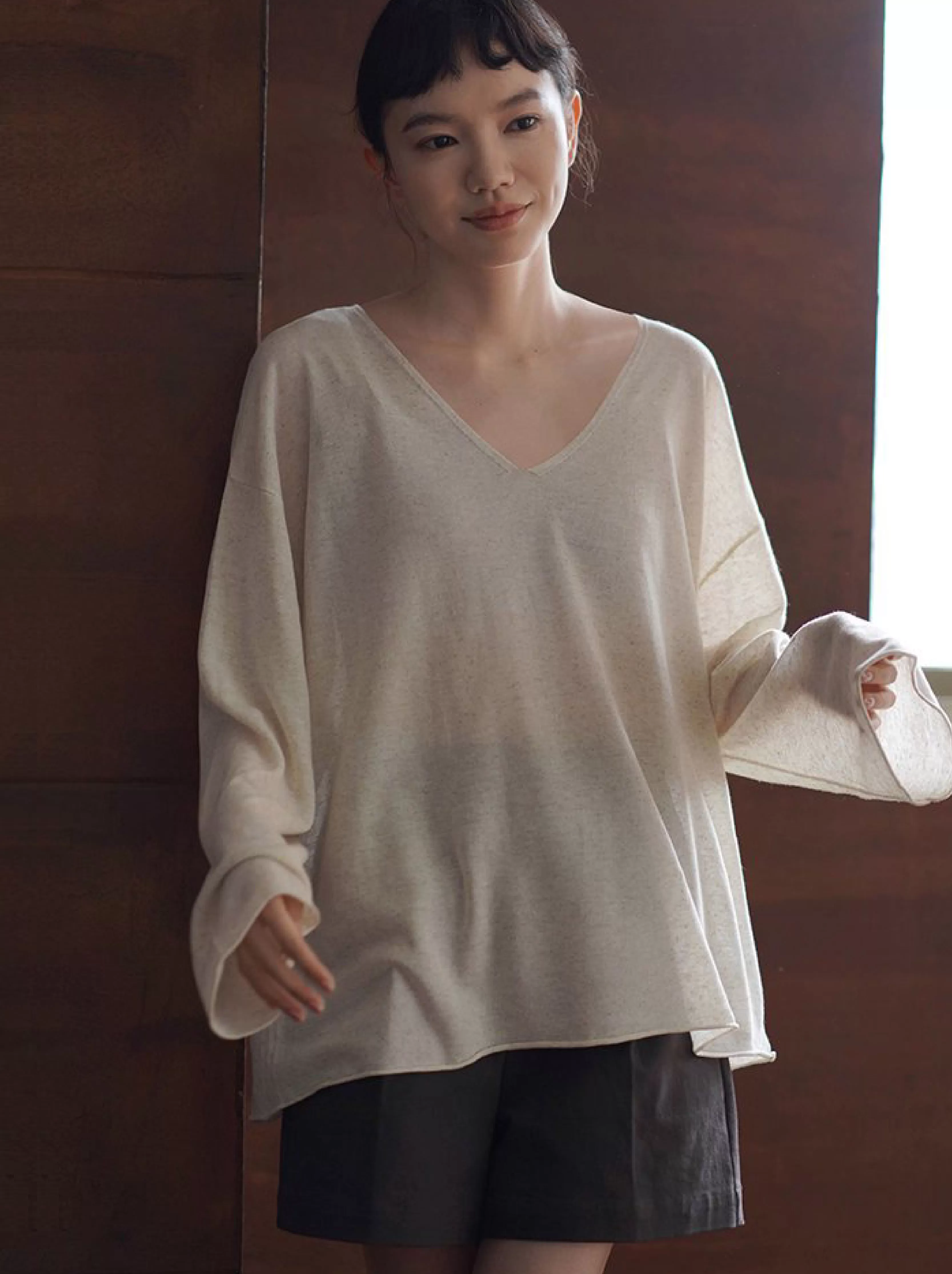 紙片人V領慵懶罩衫清爽天絲亞麻紗線寬鬆顯瘦長袖上衣女
