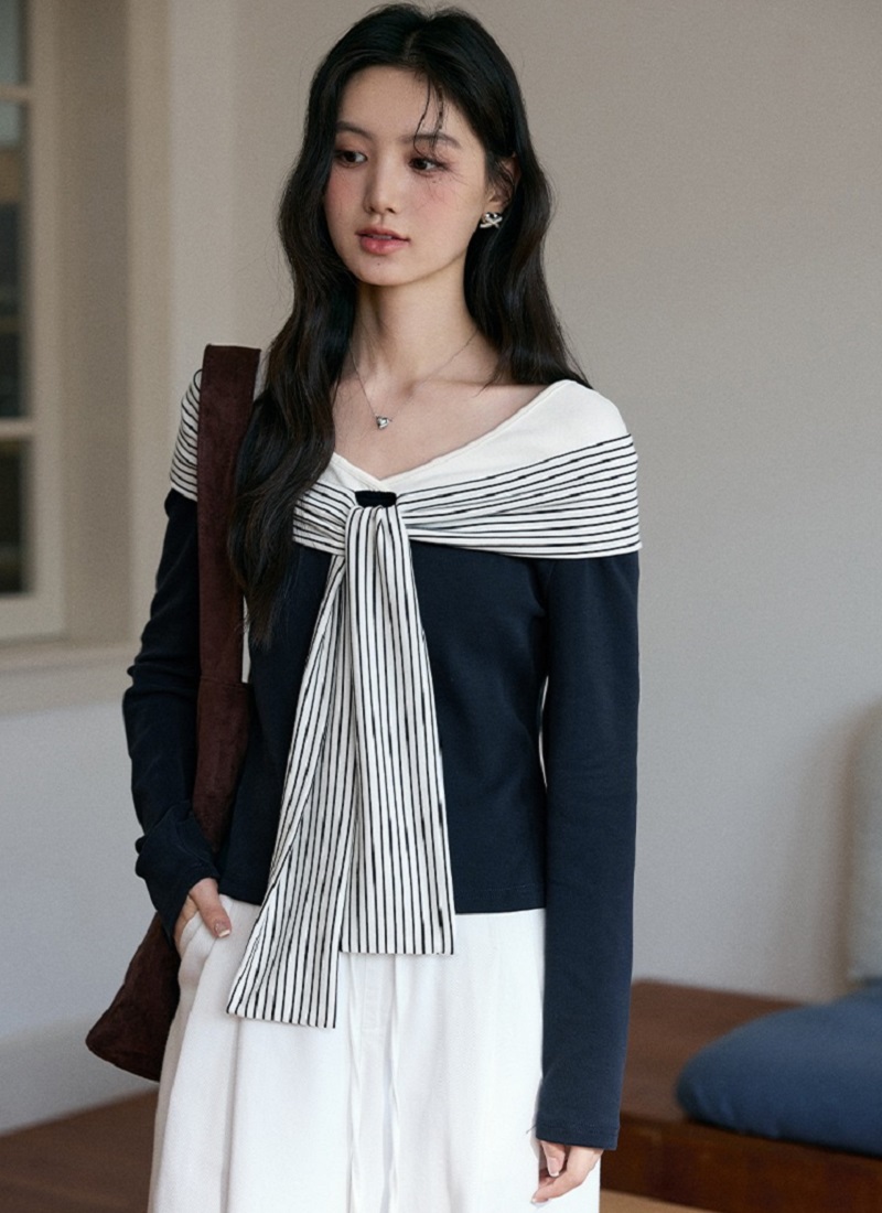 大尺碼條紋飄帶拼接T恤女秋季海軍風上衣
