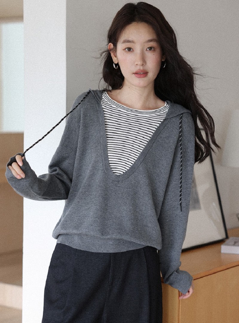 大尺碼條紋拼接假兩件連帽針織衫秋裝韓系慵懶上衣