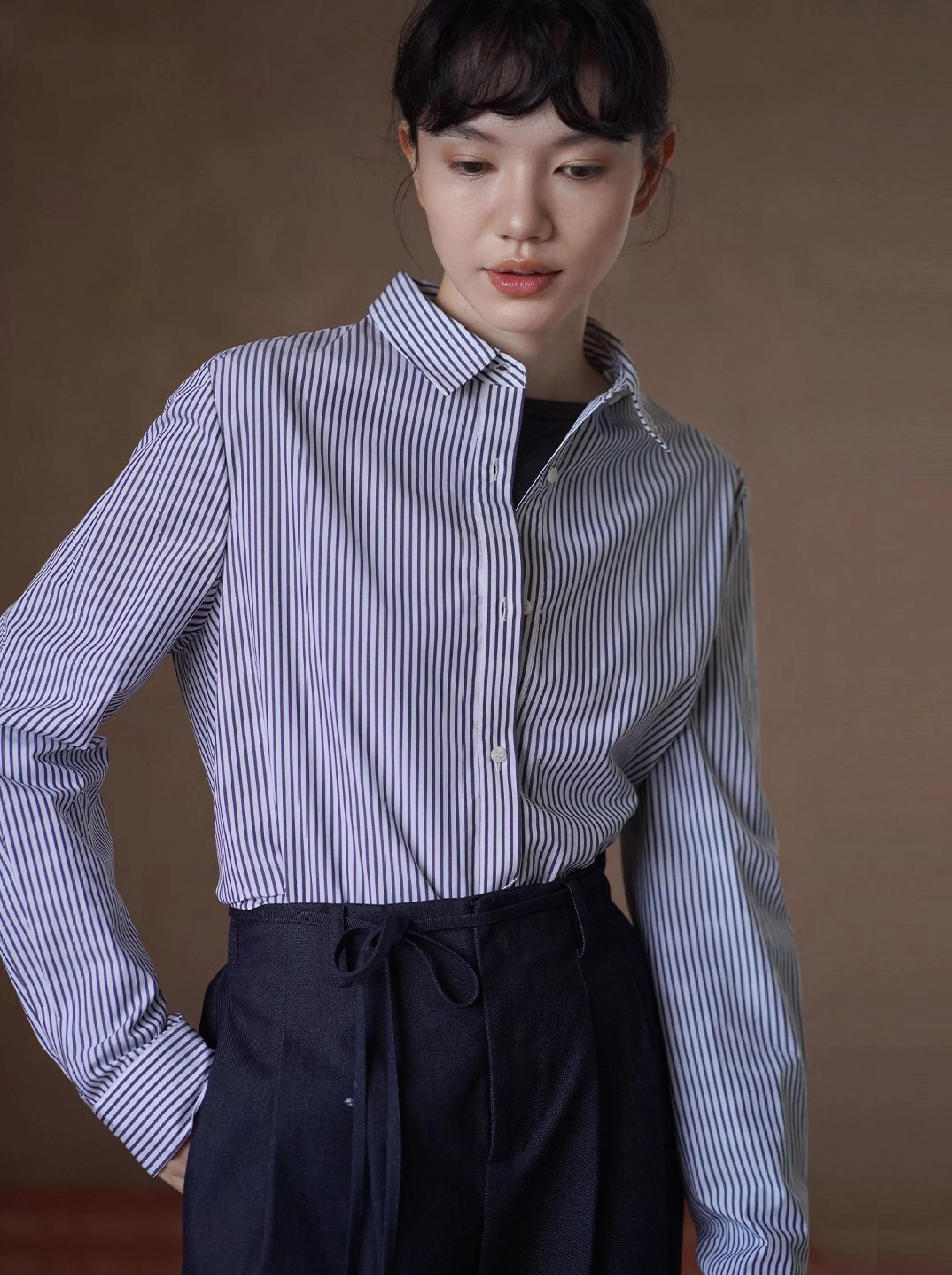 高品質100棉色織條紋法國經典寬鬆通勤可拆式蝴蝶結襯衫