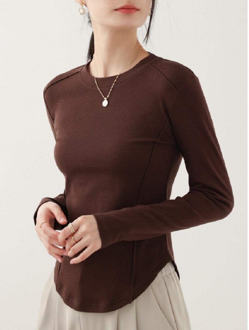 圓領打底衫女魚骨圓弧下擺長袖長袖T恤女內搭洋氣合身上衣