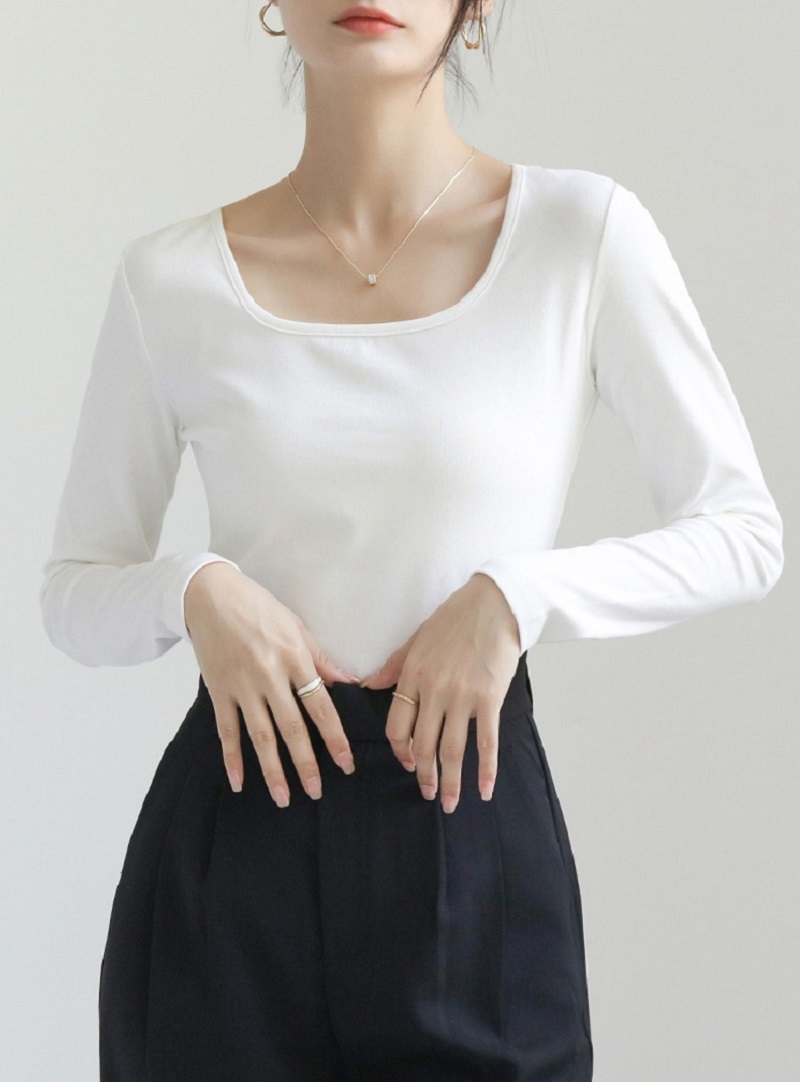 U領長袖T恤上衣方領鎖骨低領合身打底衫內搭時髦時尚洋氣