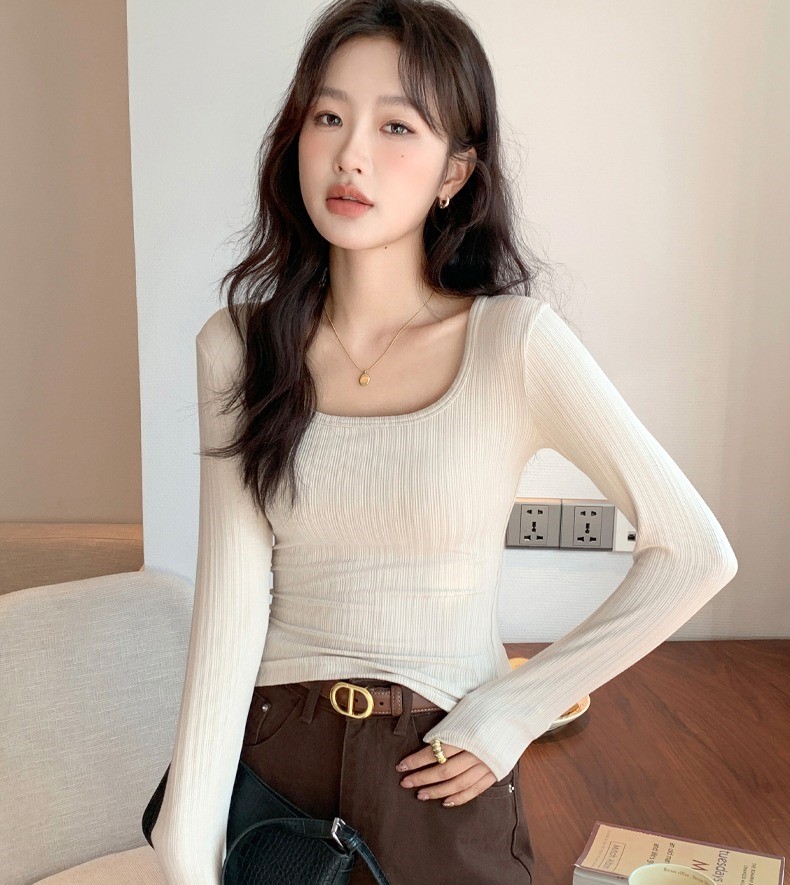 U領打底衫秋季內搭外穿坑條顯瘦高級感上衣