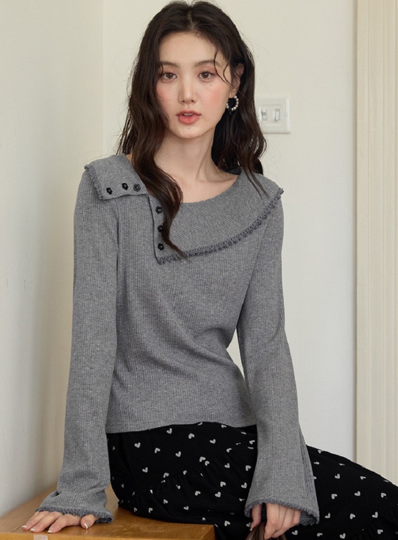 中大尺碼胖mm灰色針織衫女新款長袖斜領上衣