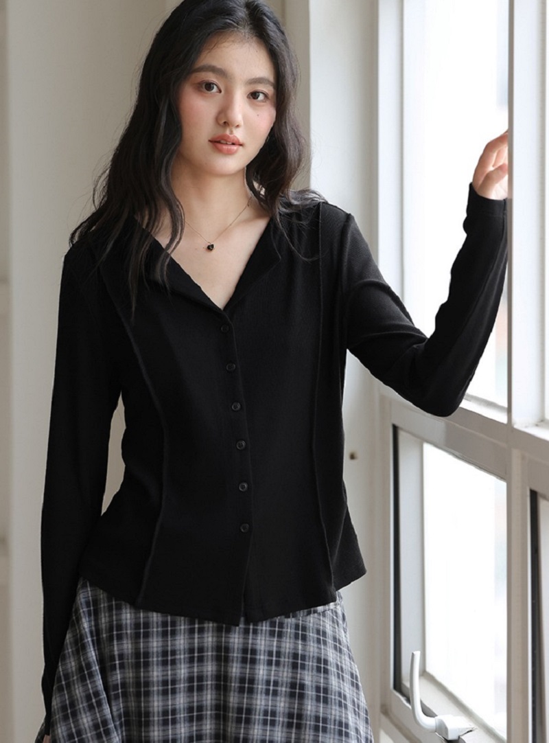 大尺碼胖mm長袖T恤全新款黑色半開領收腰上衣