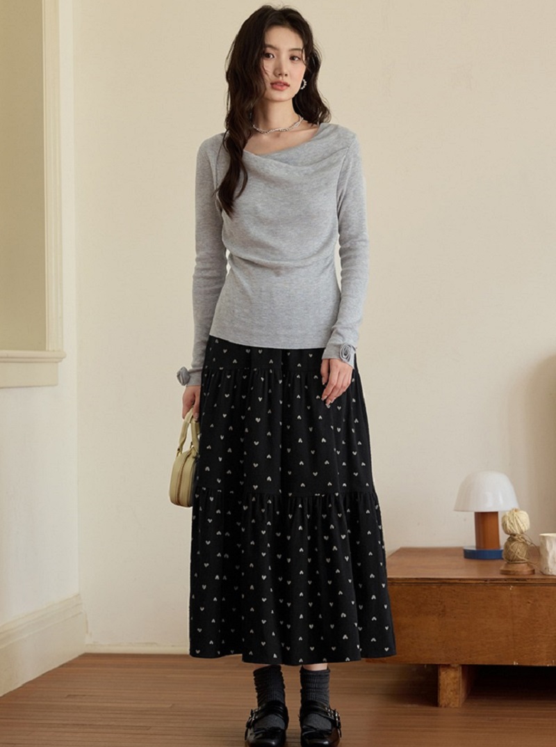 中大尺碼愛心印花A字蛋糕裙黑色長裙磨毛秋季裙子