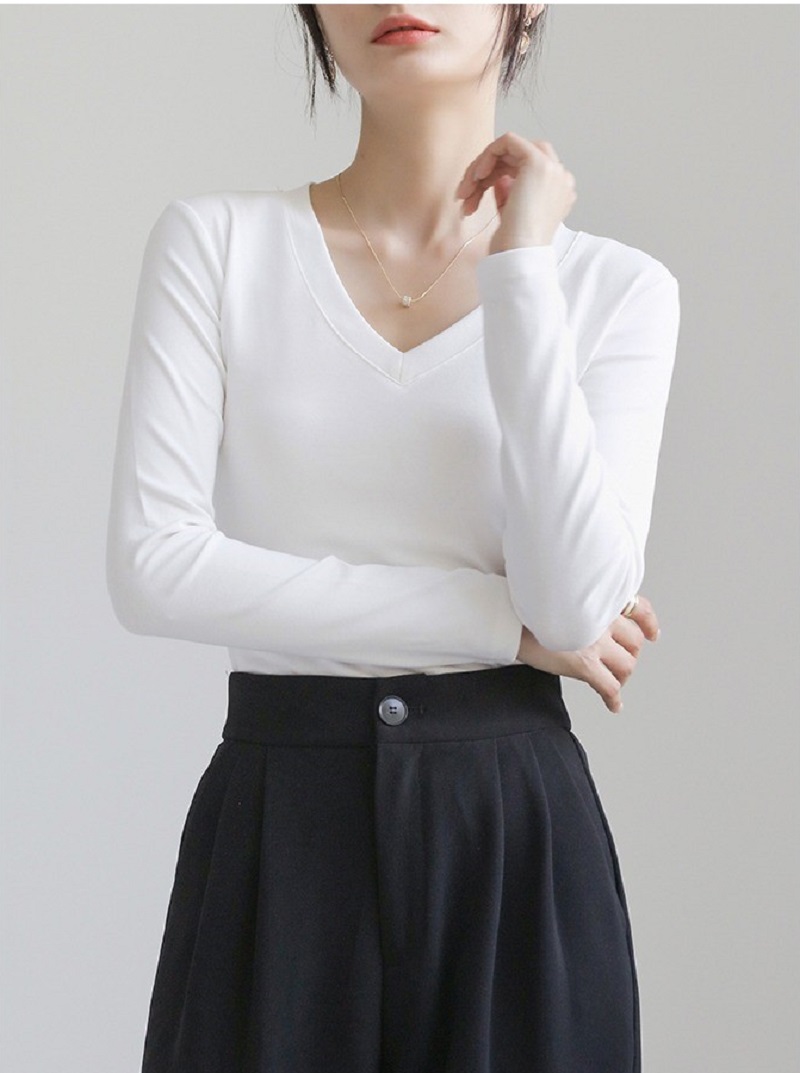 小V領打底衫上衣女內搭白色外穿正肩洋氣顯瘦修身長袖T恤
