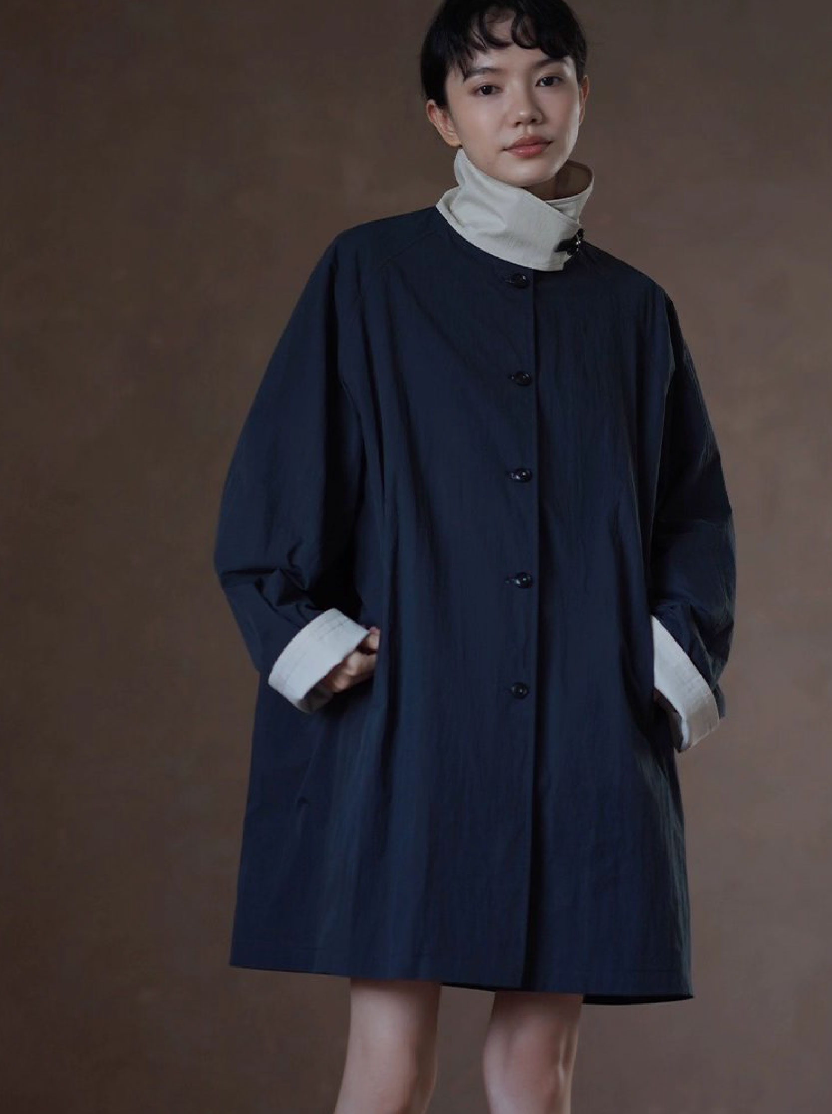 細節滿滿原創外套撞色拼接立領皮袢中長款寬鬆顯瘦風衣