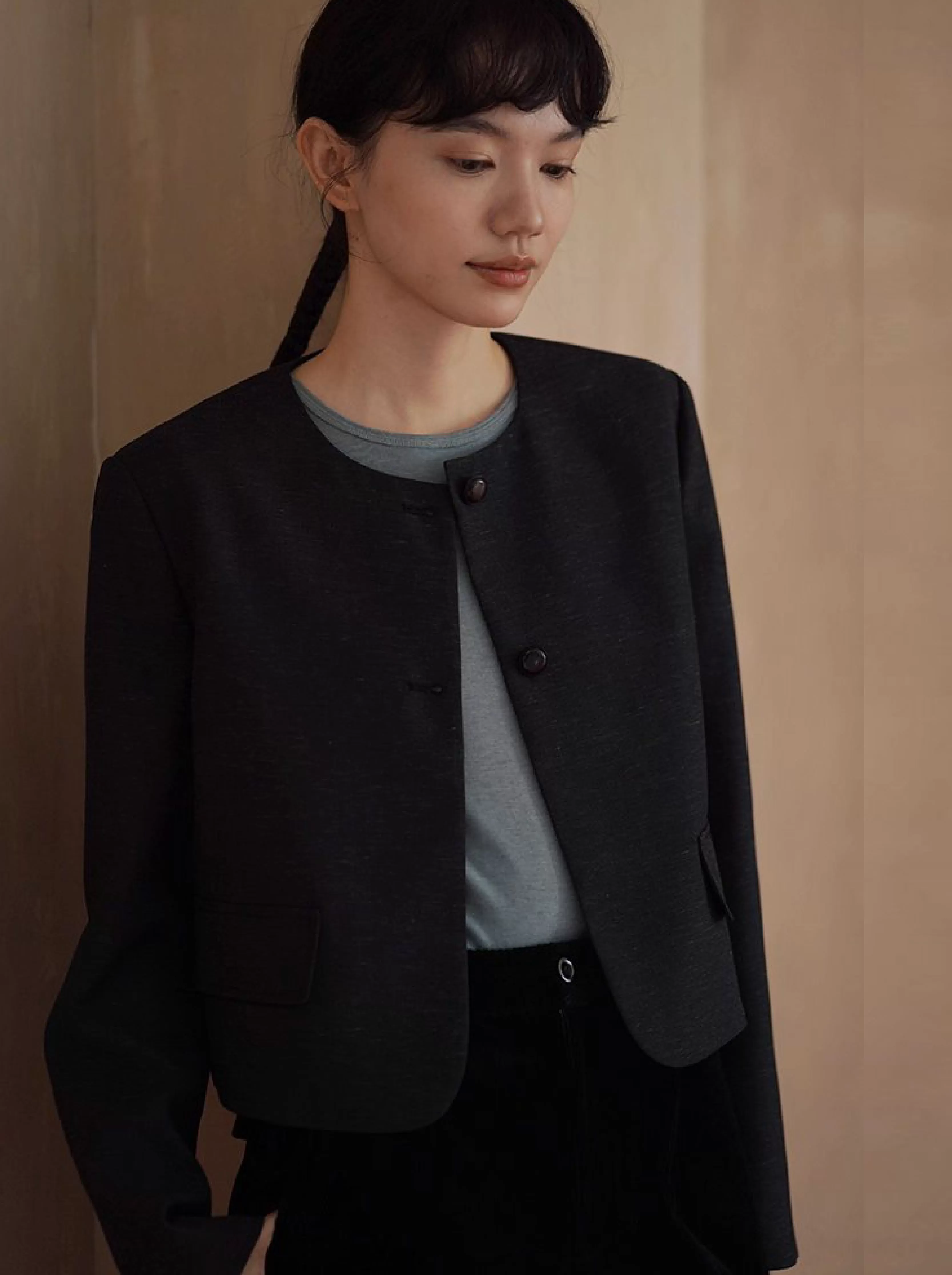 深空亞麻肌理感圓領通勤短外套經典俐落簡約顯瘦西裝女