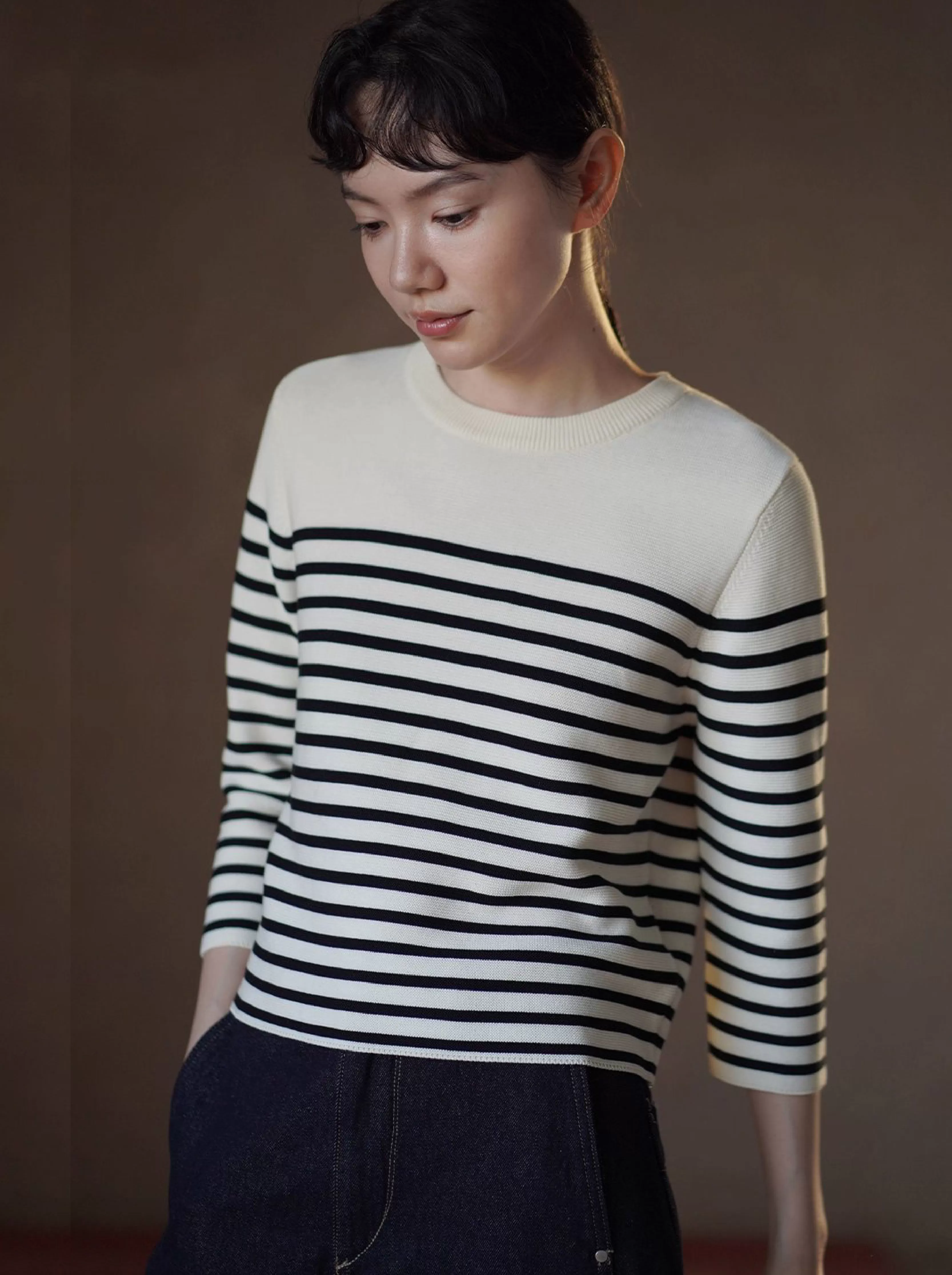 海軍航線經典條紋100棉針織圓領九分袖正肩顯瘦短毛衣女