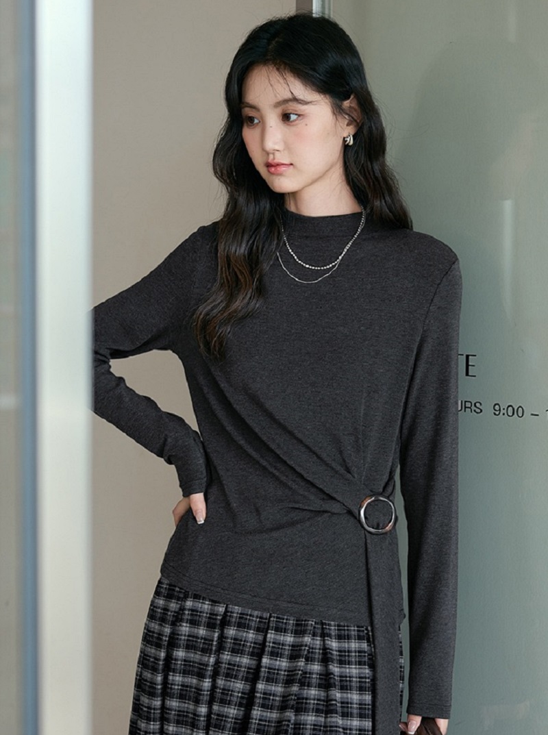 中大尺碼長袖T恤女飄帶上衣半高領打底衫上衣