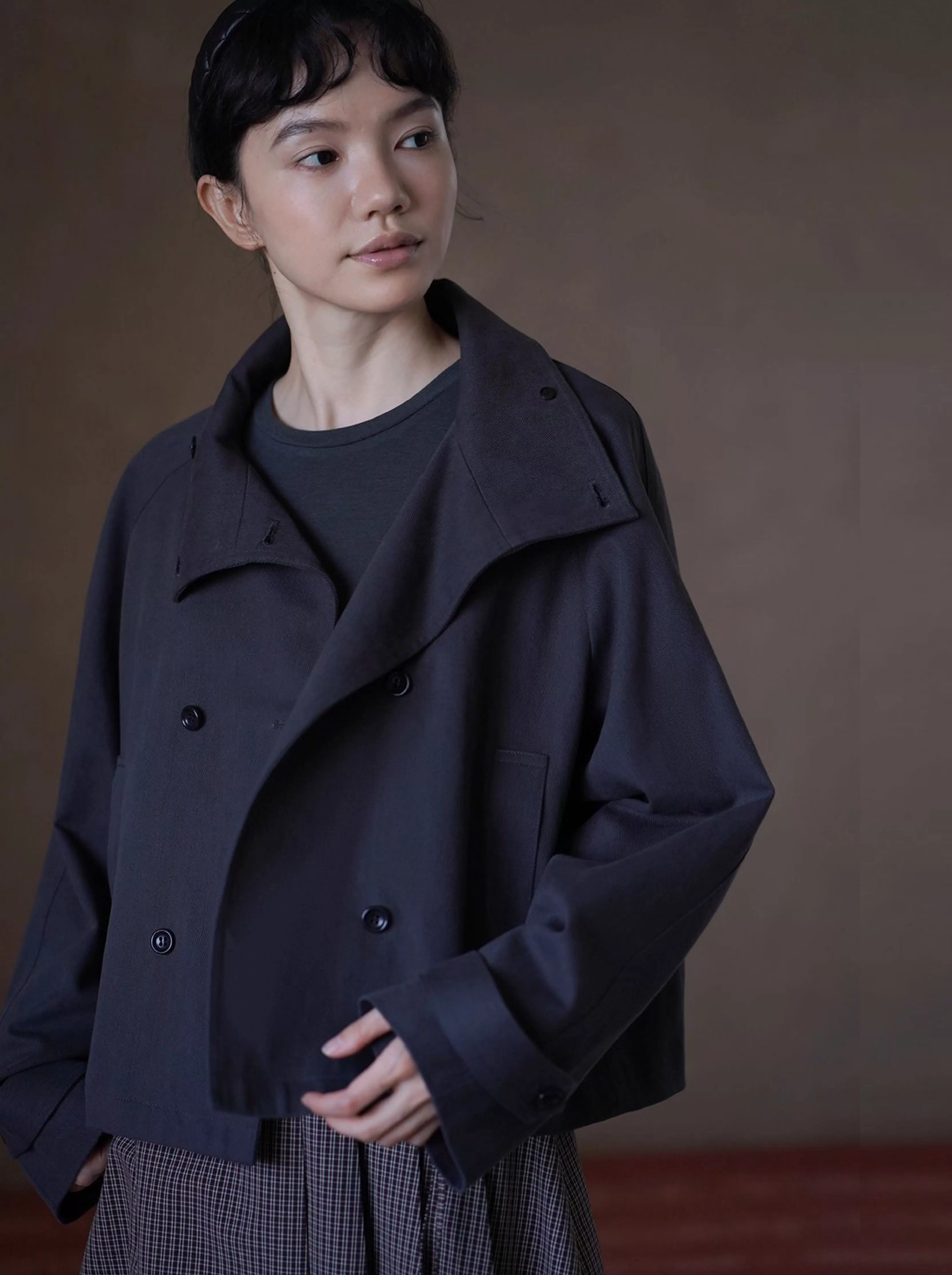 波士頓橋風衣挺括萊賽爾棉氣質立領剪裁寬鬆顯瘦外套女