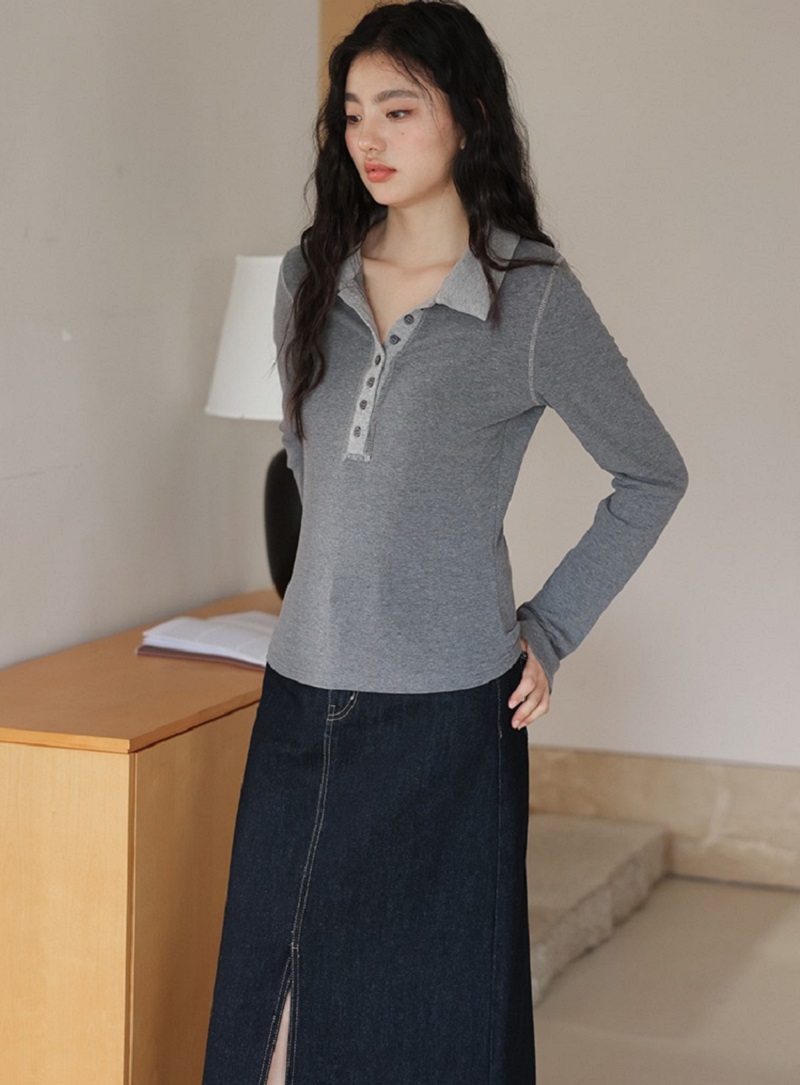 大尺碼正肩Polo領子長袖T恤女灰色上衣