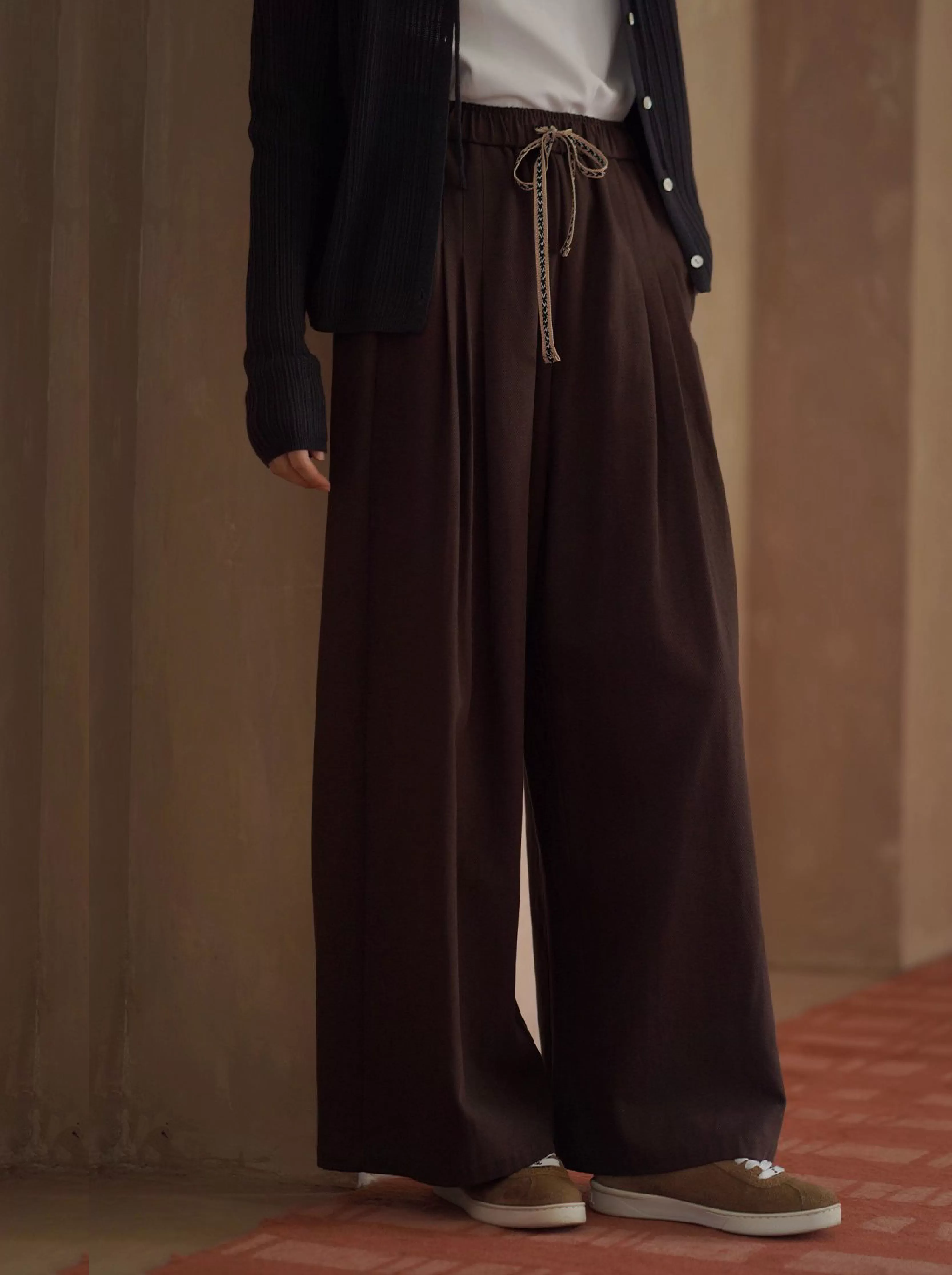 榛果拿鐵長褲顯瘦輪廓柔軟寬鬆織帶抽繩高腰遮肉闊腿褲