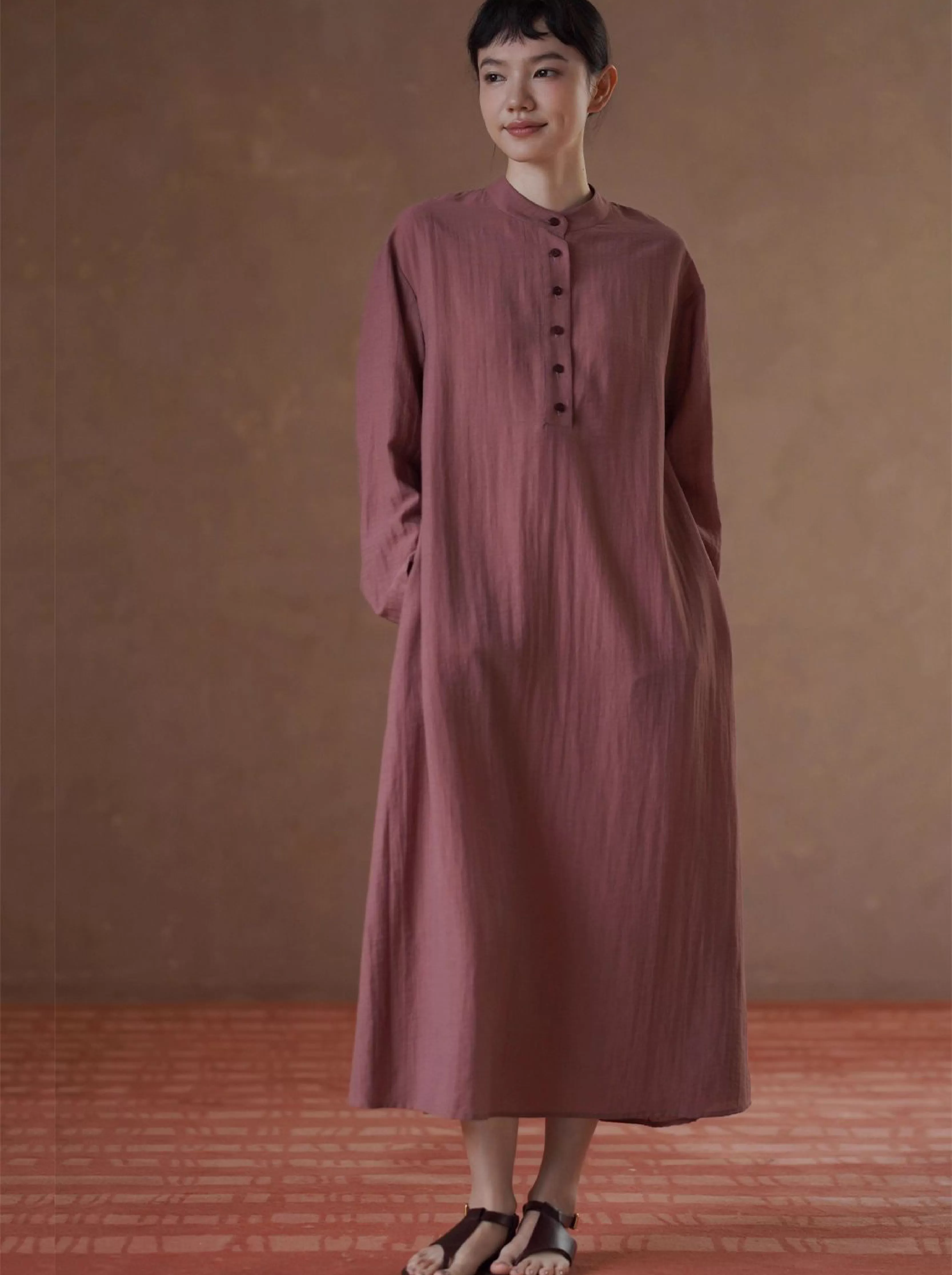 清雅芍藥顯白亞麻混紡透氣挺括顯瘦寬鬆立領襯衫洋裝