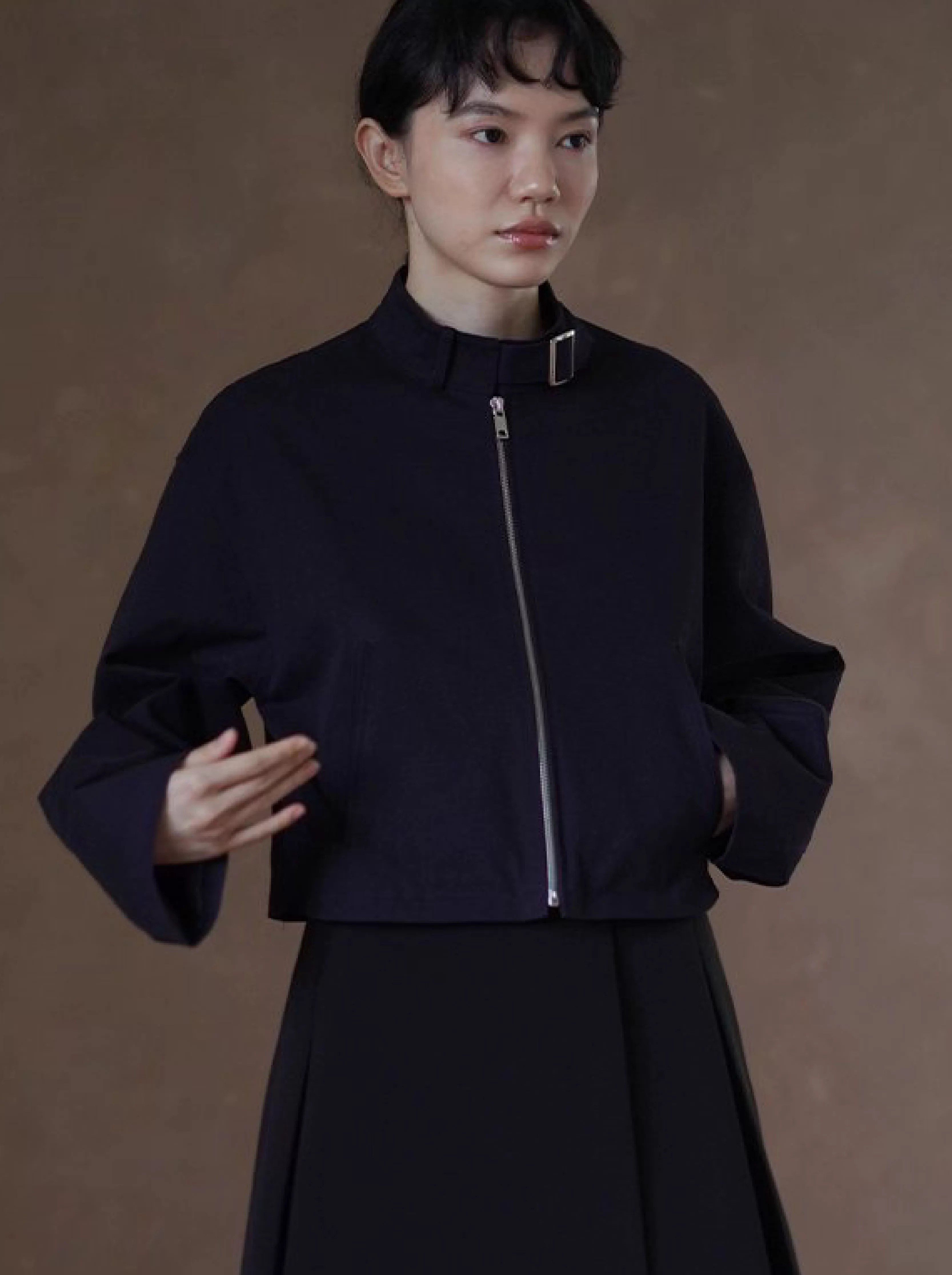 簡約騎士夾克立領日字袢小個子短款寬鬆落肩顯瘦外套女