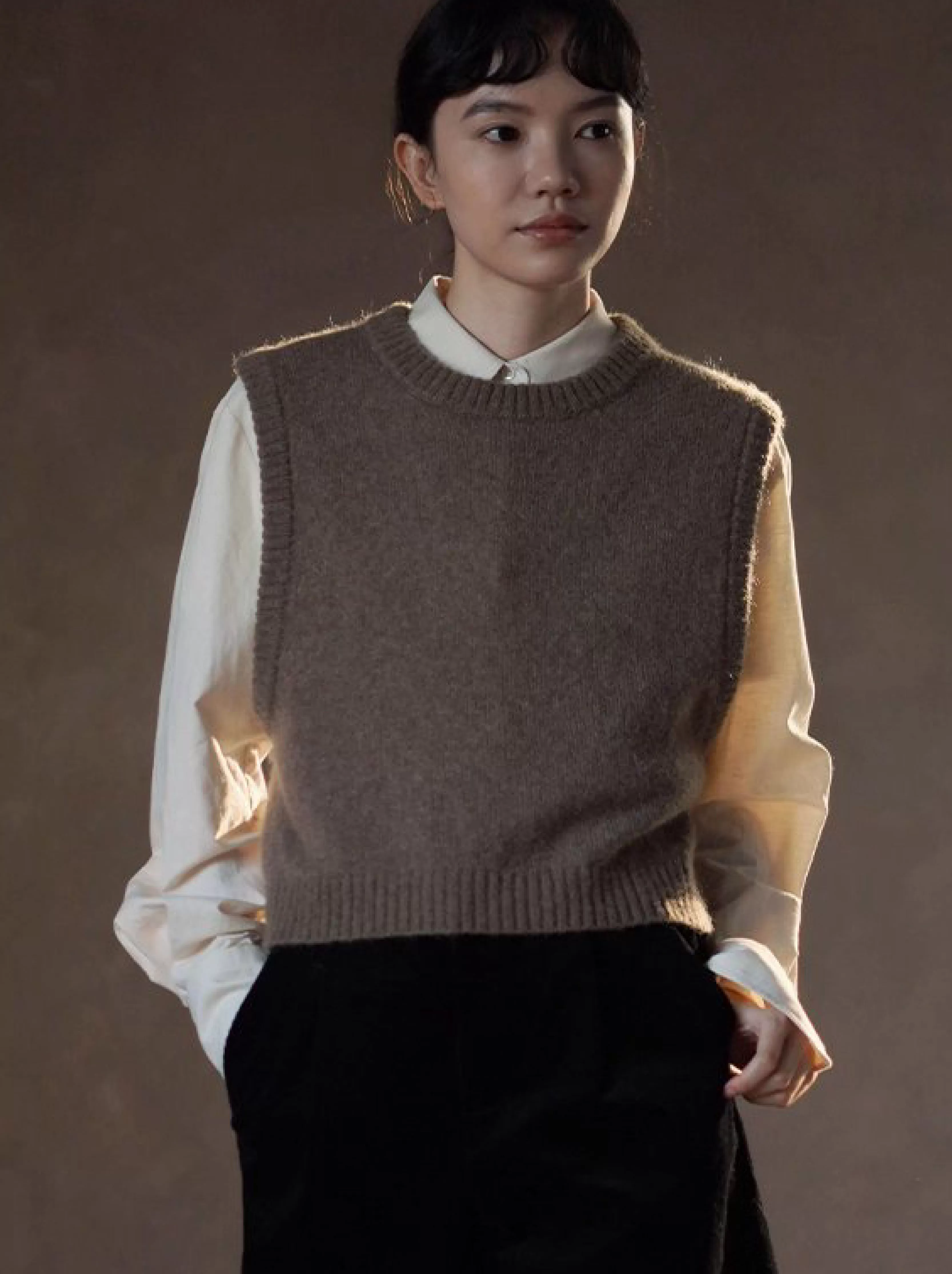 輕柔保暖羊絨羊駝綿羊優質搭配比圓領短版疊穿毛衣背心