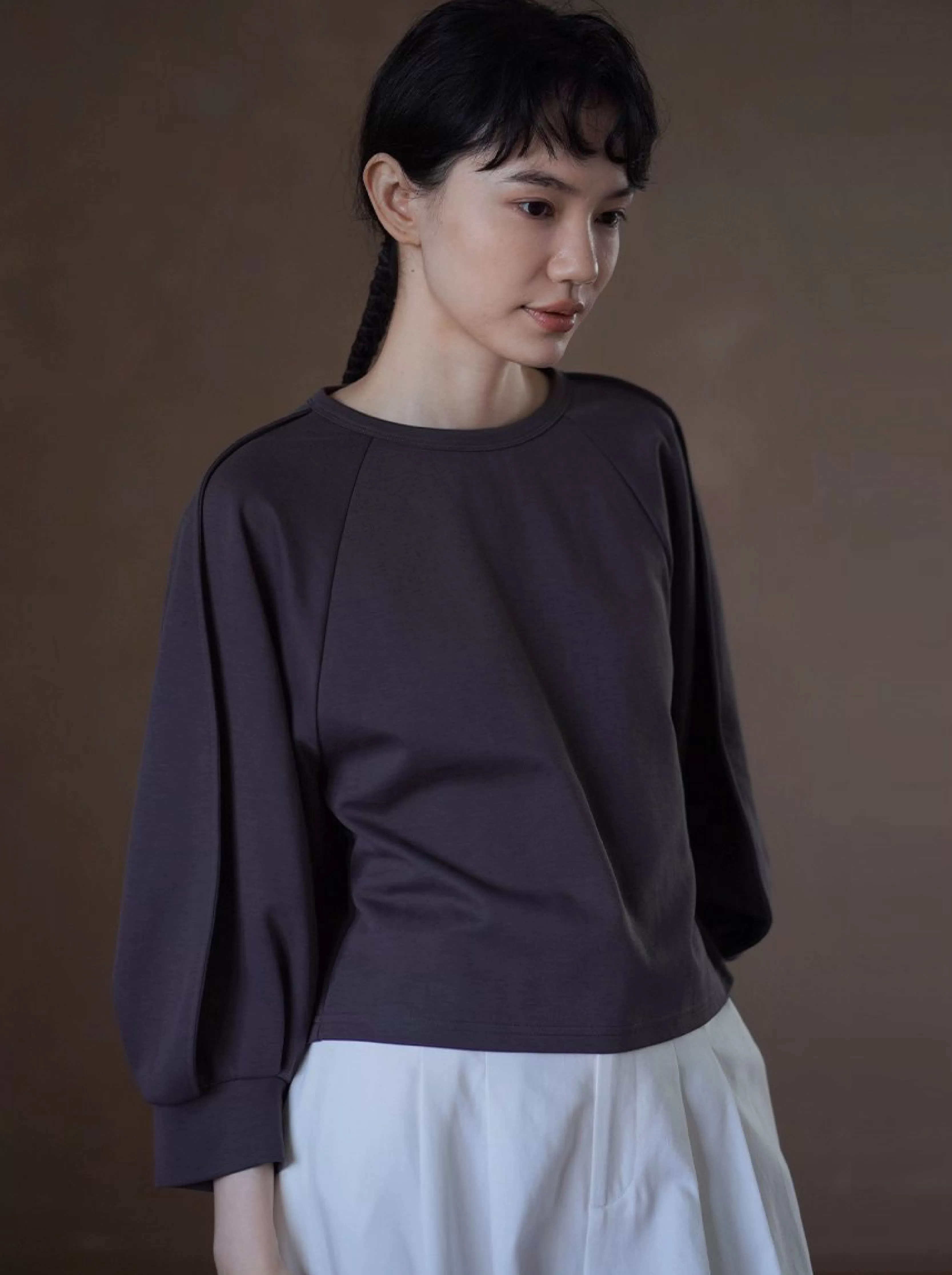 顯瘦遮肉輪廓立體燈籠剪裁插肩袖圓領上衣寬鬆休閒T恤女