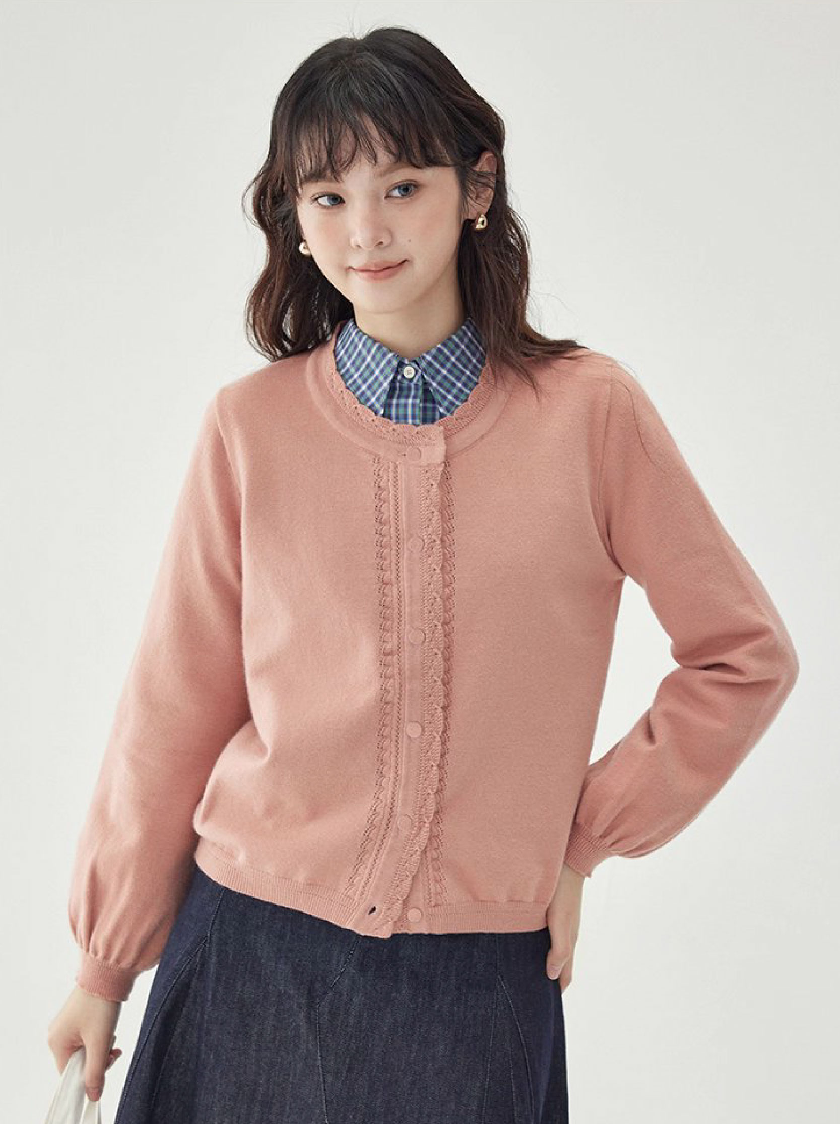 韓系提花圓領長袖針織衫女秋新款單排扣外套上衣