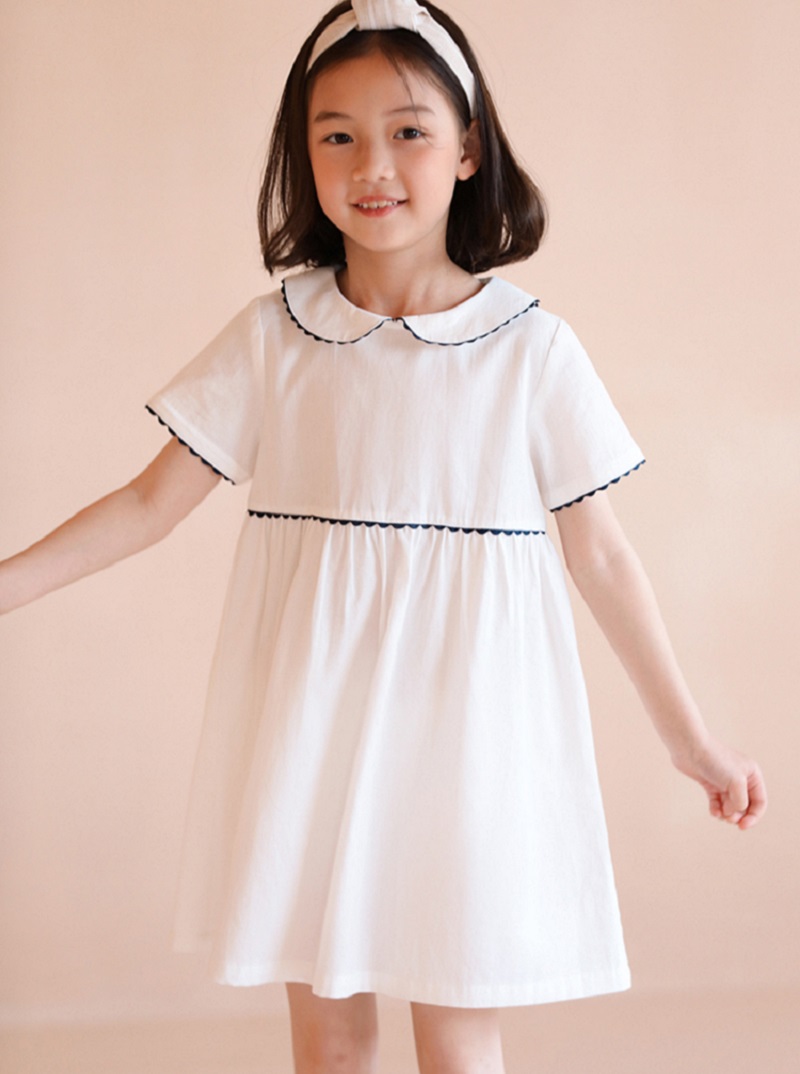 氣質純棉娃娃領白色短袖高腰連身裙洋裝