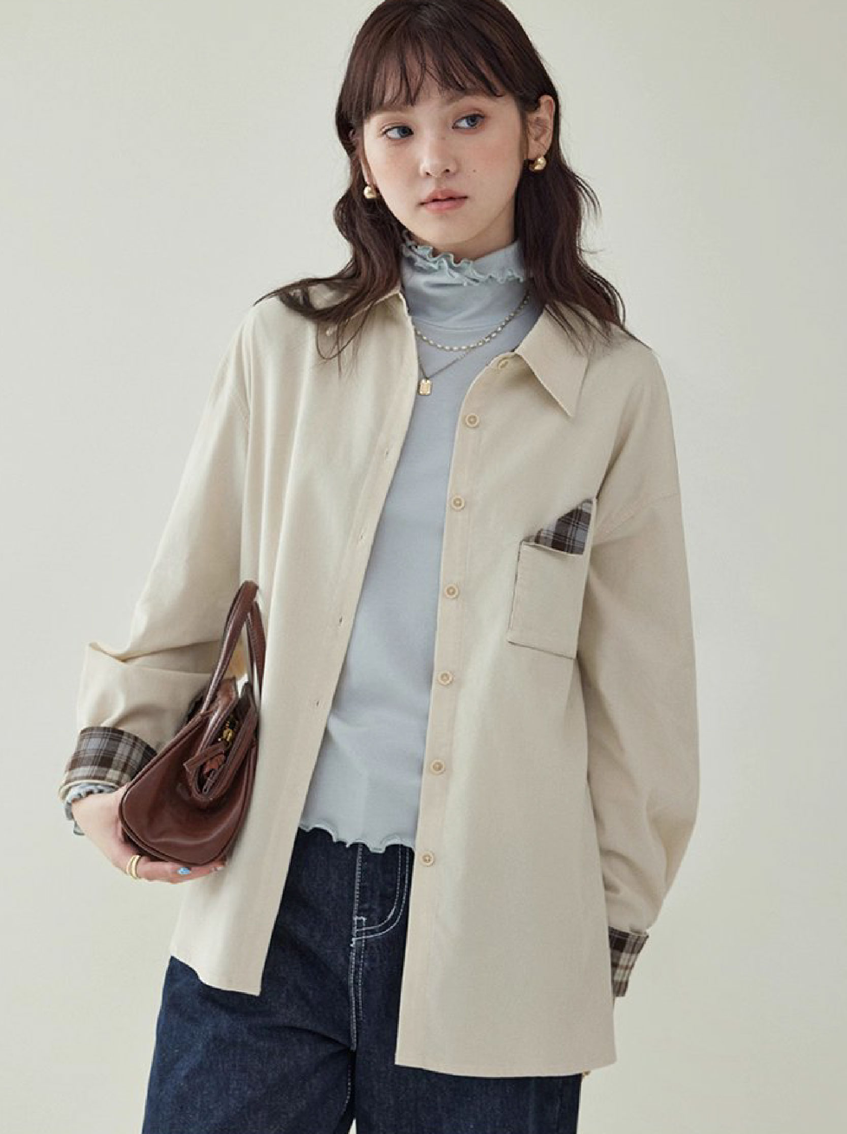 撞色格紋燈芯絨長袖襯衫女秋季新款翻領外套上衣