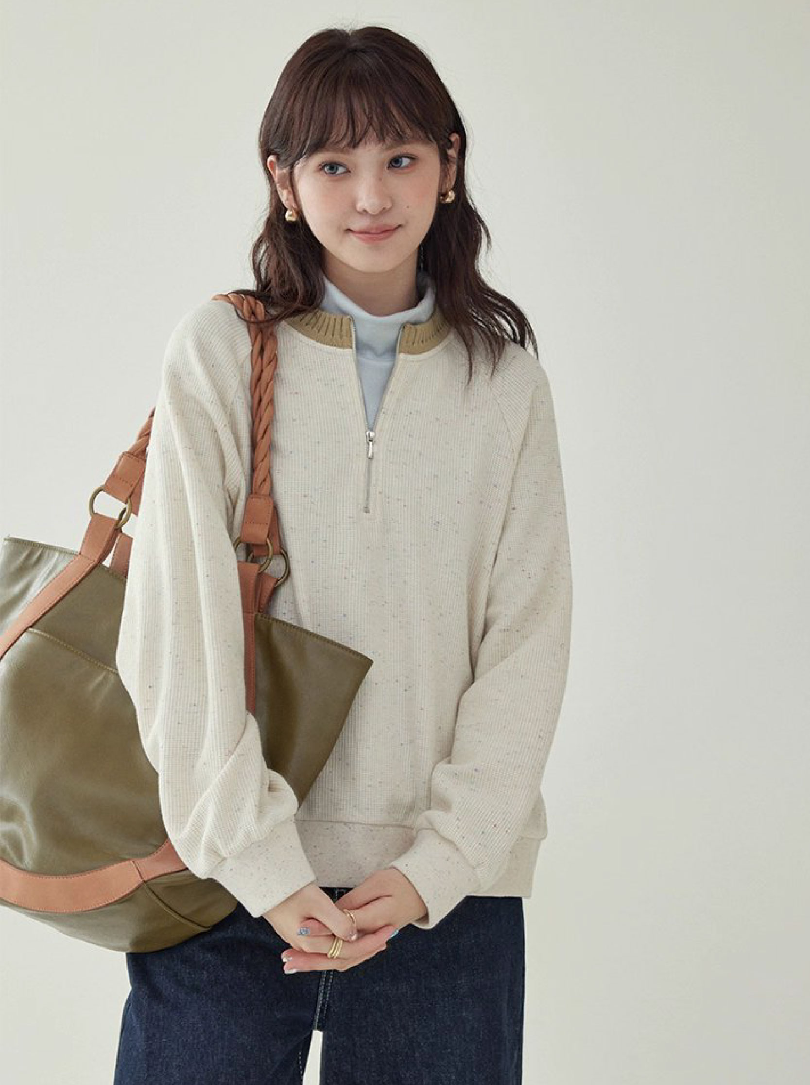 撞色彩點半開拉鍊衛衣T恤女秋季新款插肩袖上衣