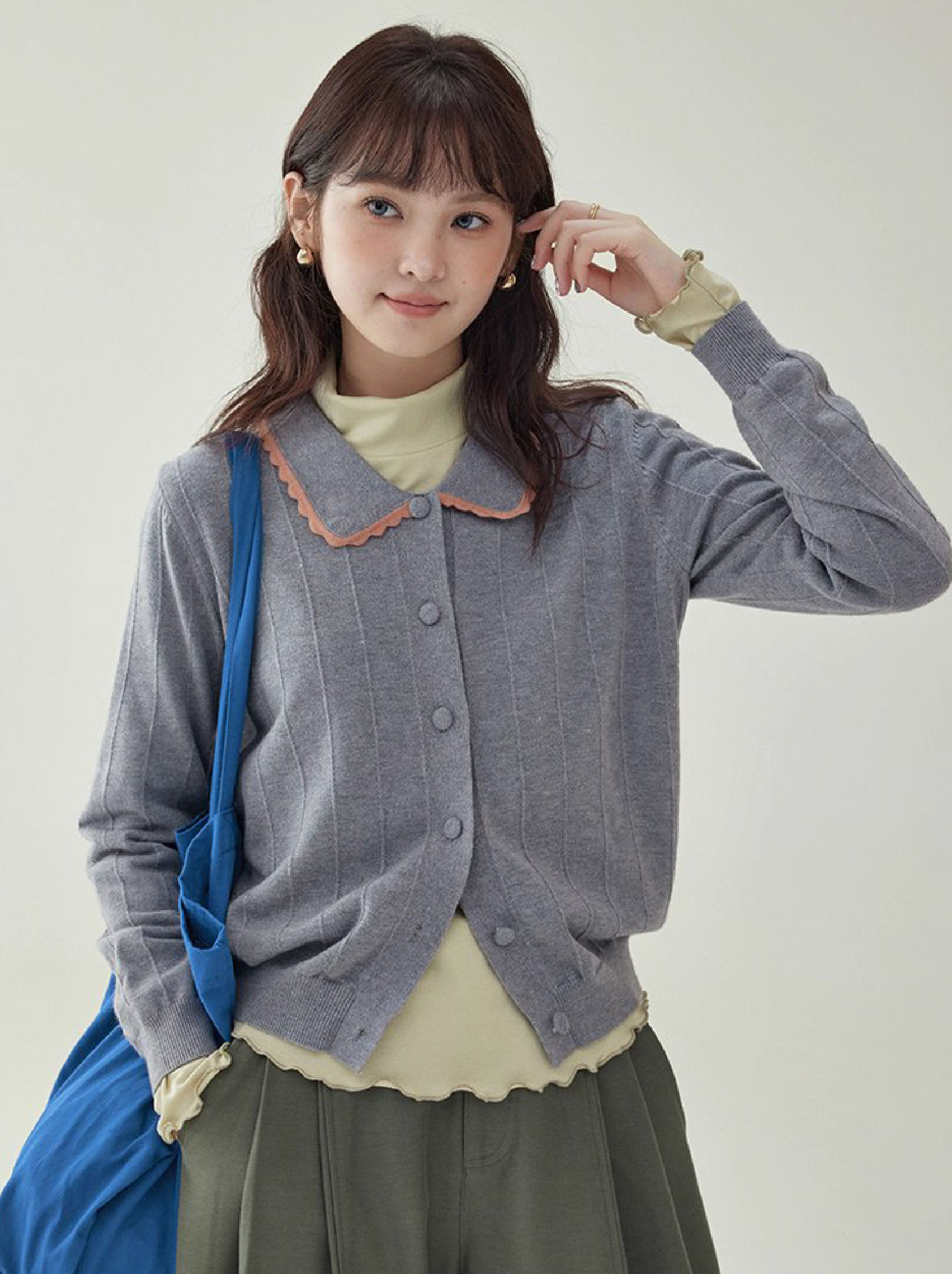 韓系撞色翻領針織開襟衫女秋季新款單排扣長袖上衣