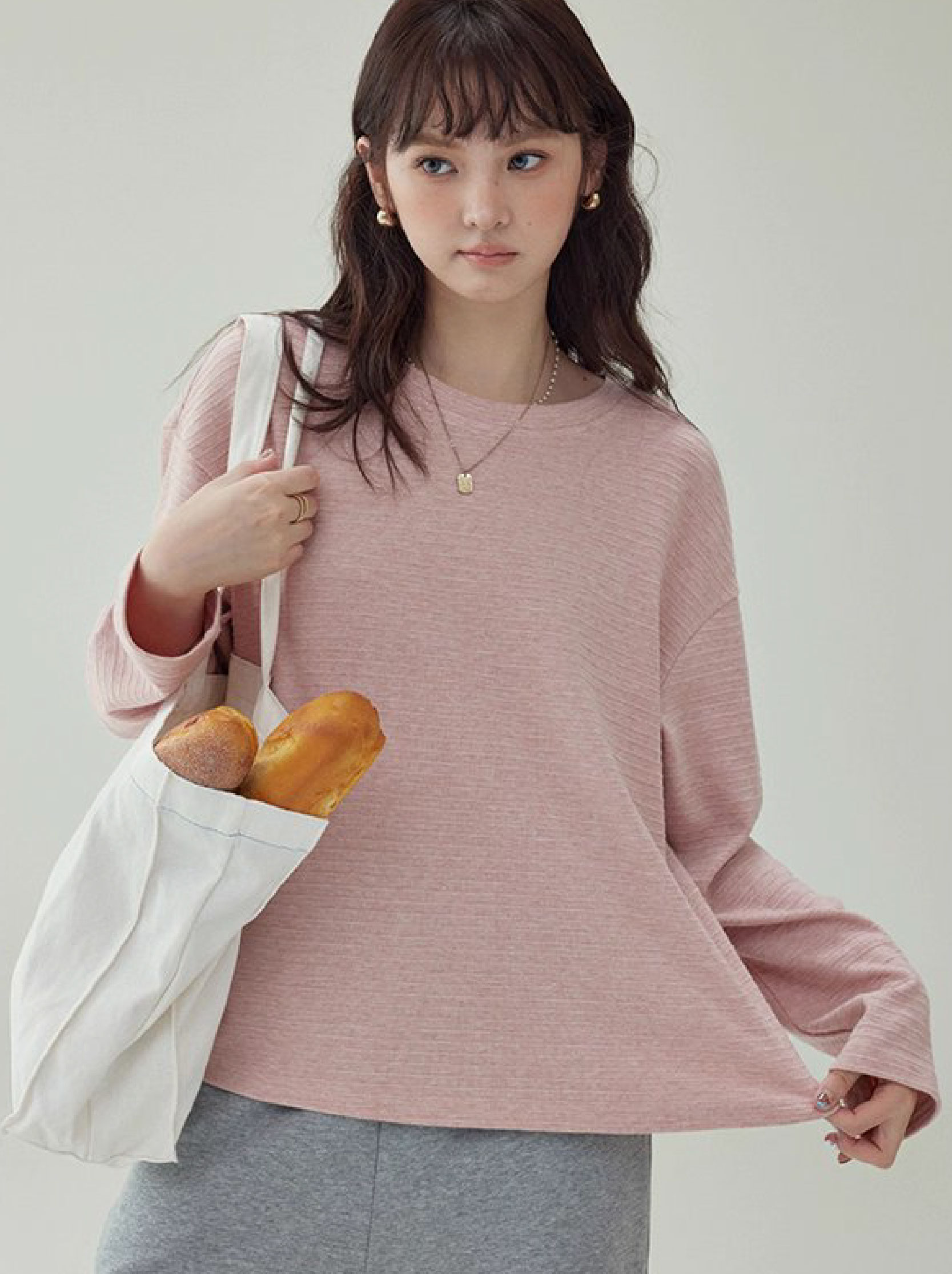 韓系藍線圓領長袖T恤女秋季新款簡約寬鬆上衣