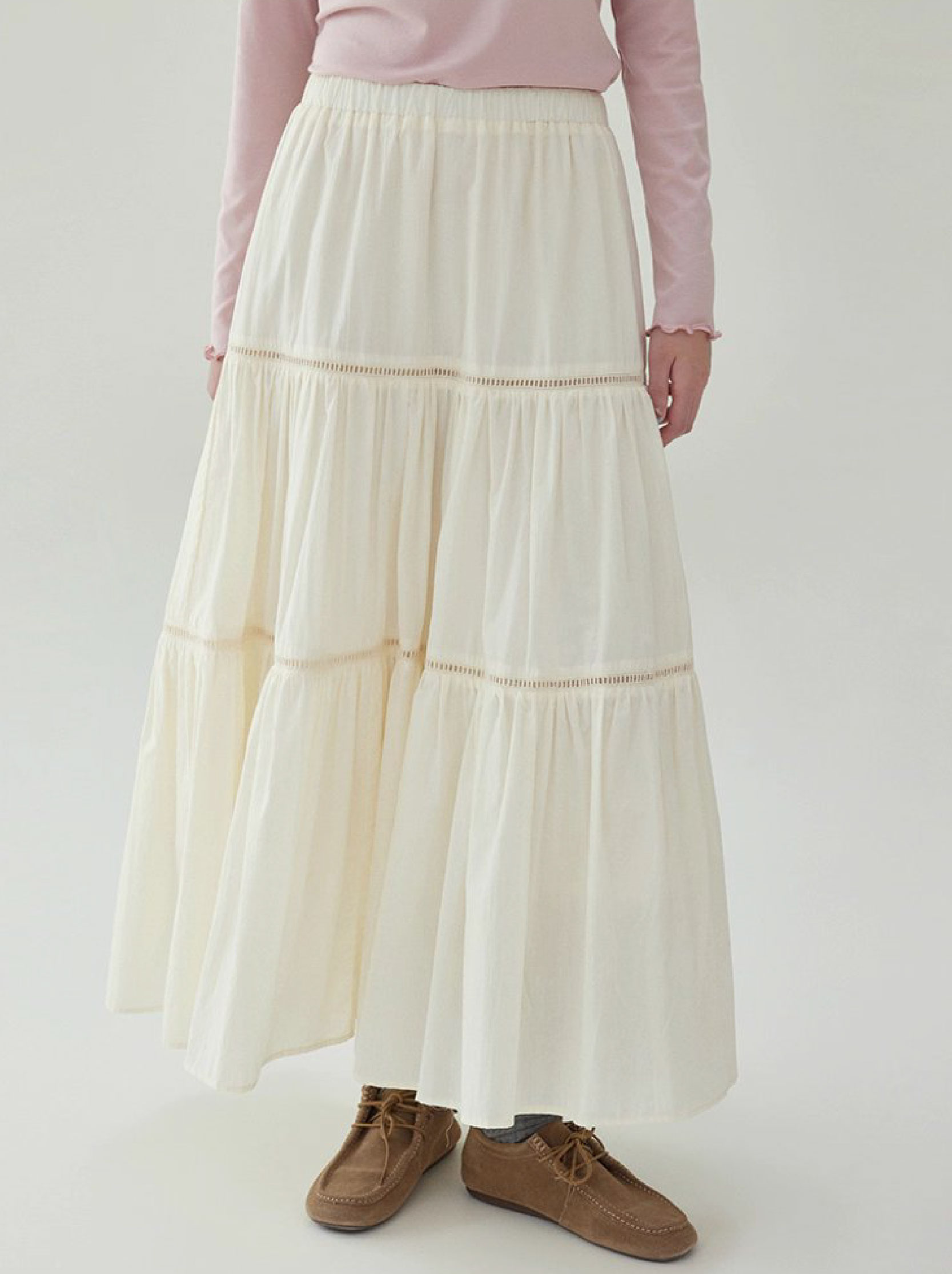 法式純棉拼接中長半身裙女秋季新款鬆緊腰蛋糕裙