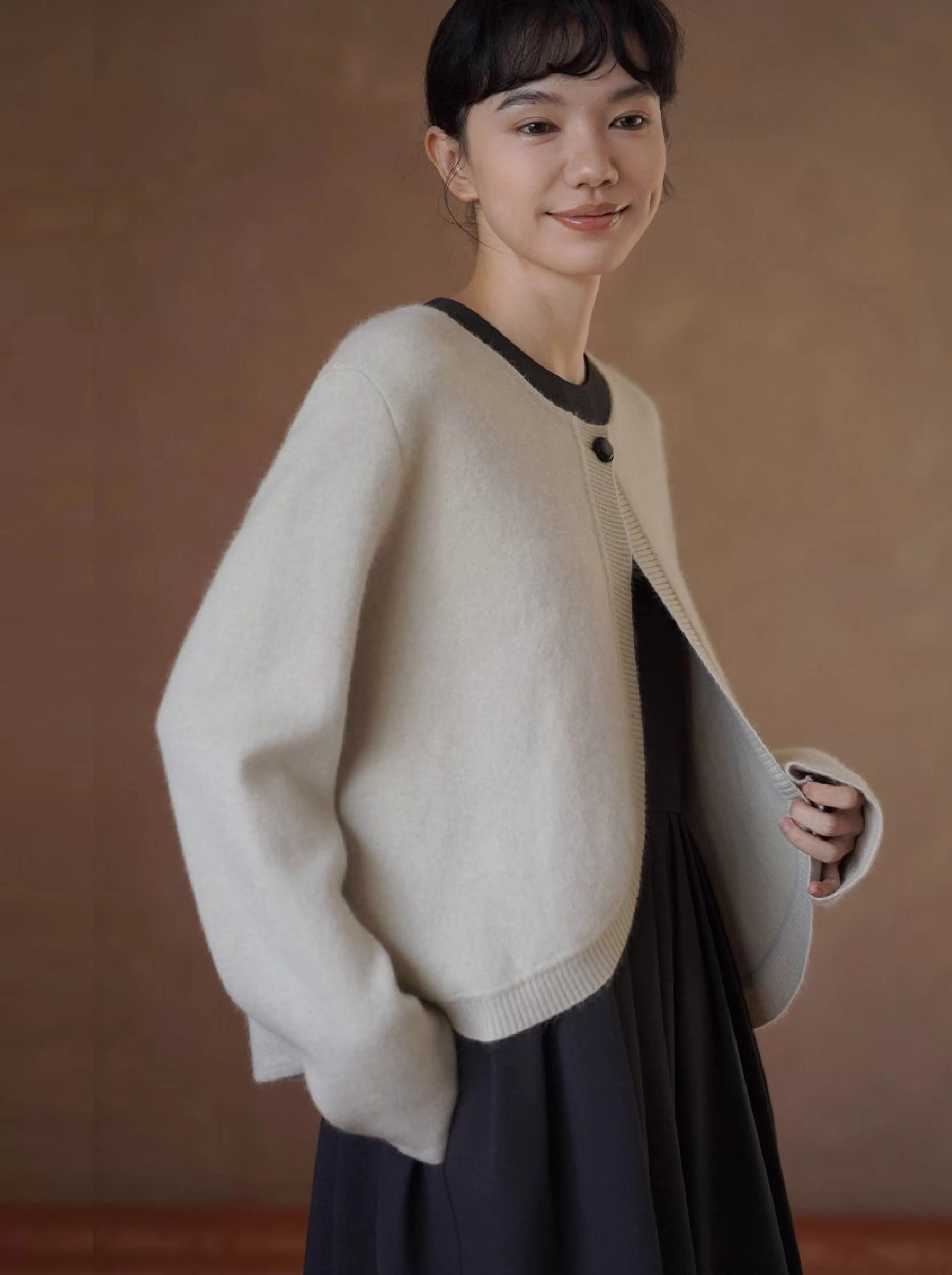 溫柔濾鏡氛圍感軟糯兔毛羊毛外套弧形門襟寬鬆毛衣開襟衫