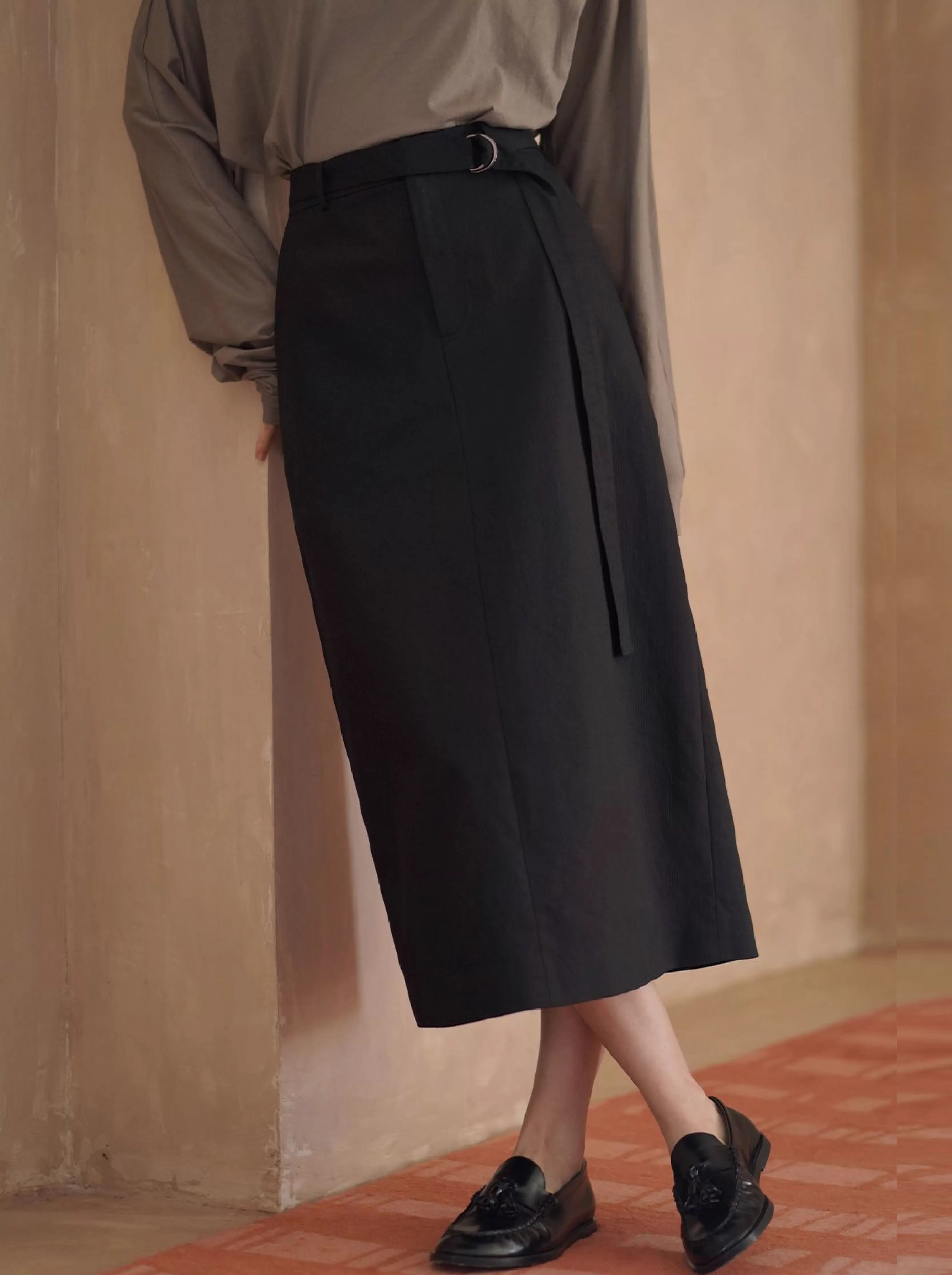 挺括立體棉感直筒高腰通勤顯瘦遮肉可調式腰帶半身裙女