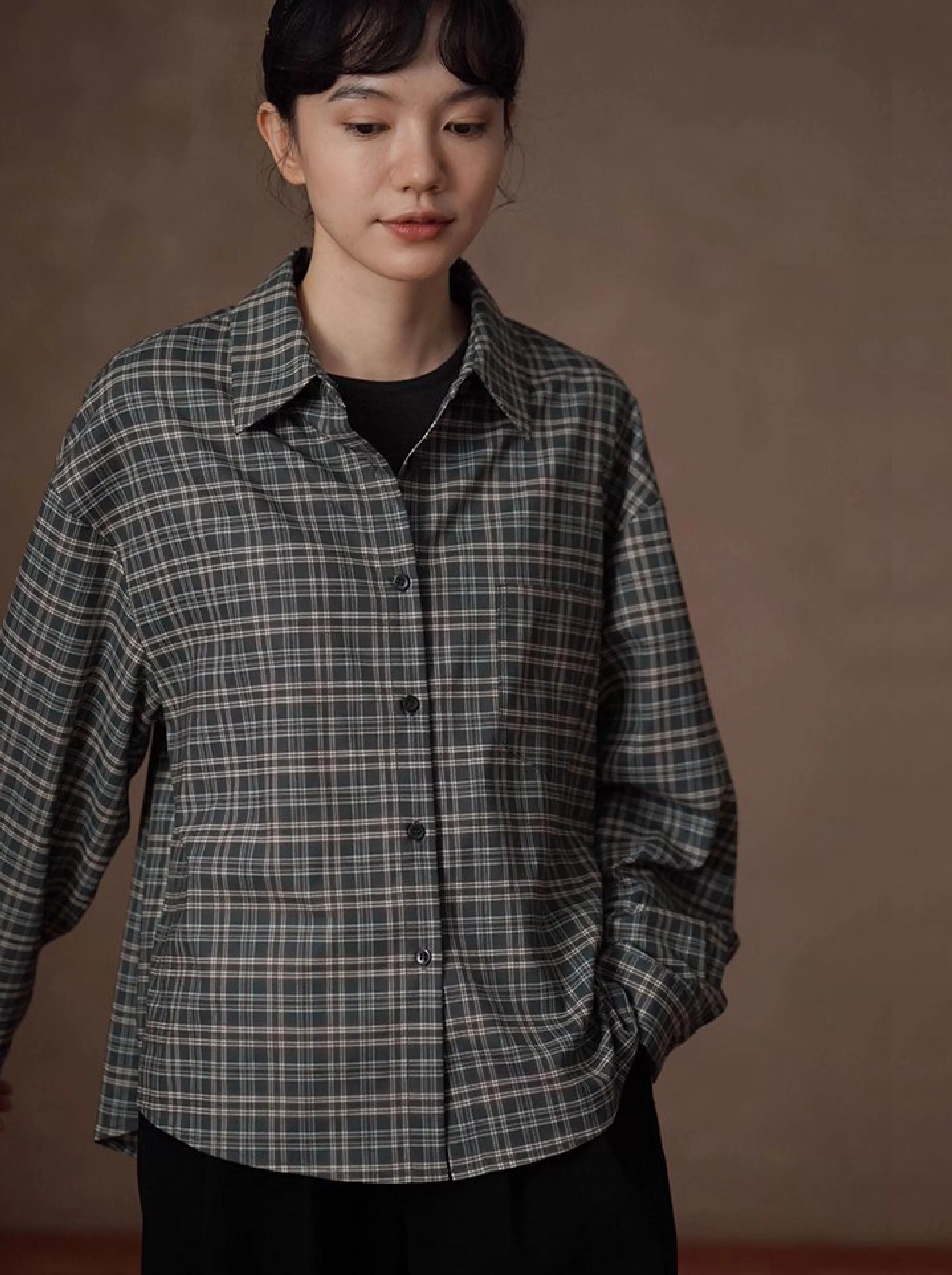 馬德拉斯復古格紋襯衫落肩寬鬆英倫疊穿學院翻領上衣女