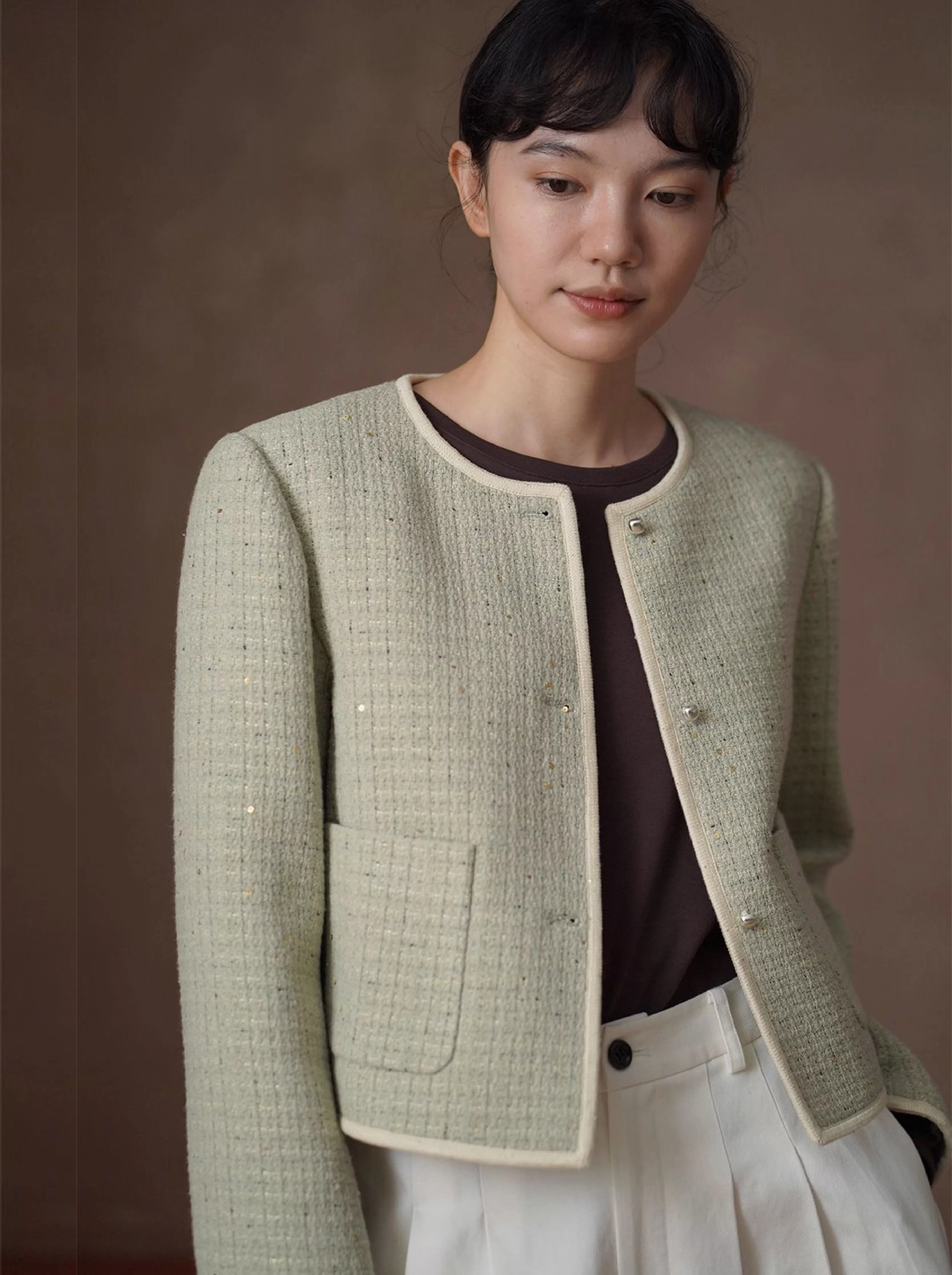 茉莉花紗編織小香羊毛混紡肌理感通勤顯瘦短版西裝外套