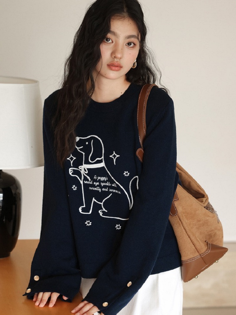 大尺碼小狗刺繡毛衣慵懶針織衫秋冬寬鬆上衣