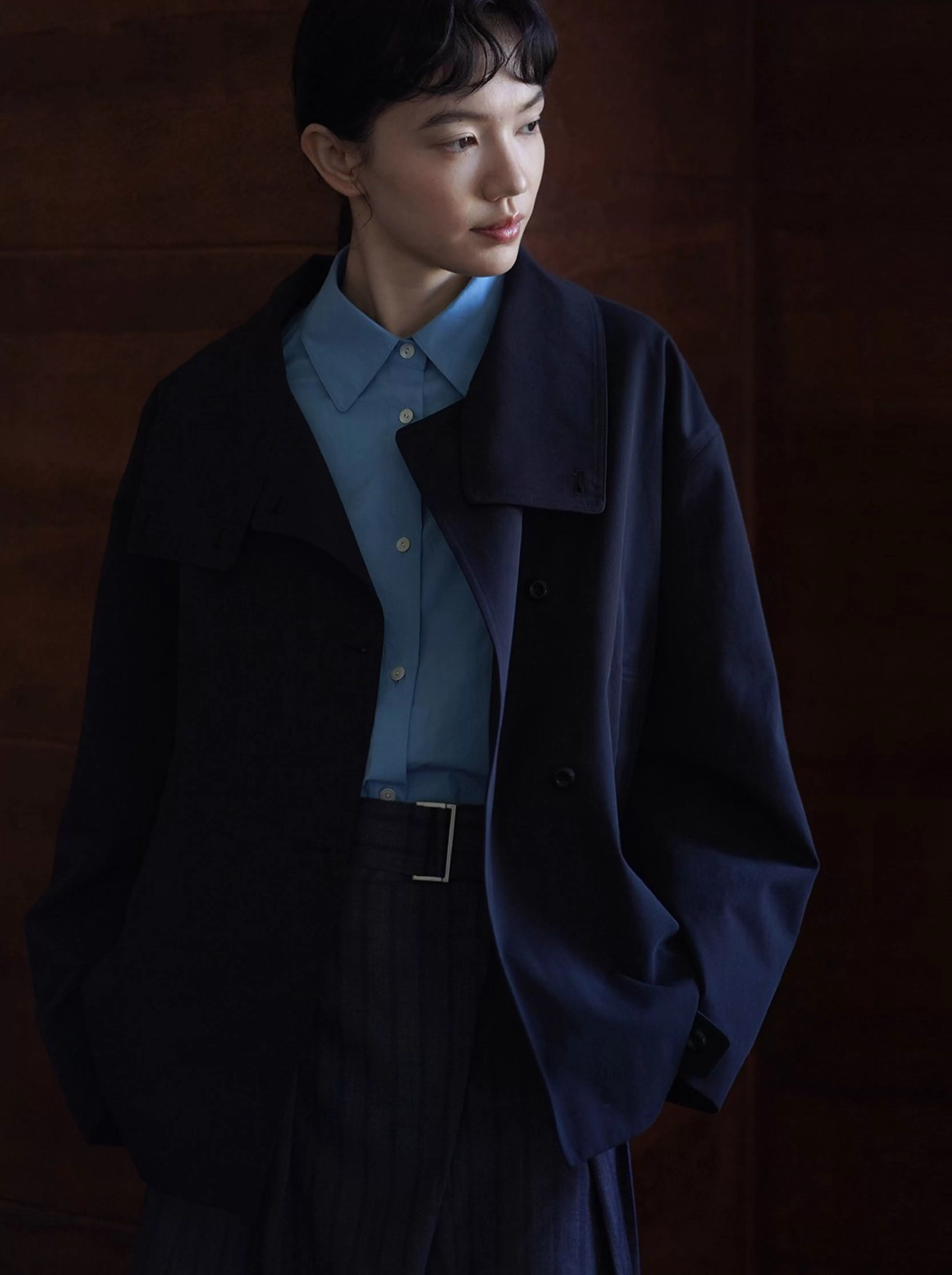 100棉細斜紋挺括水洗廓形立領寬鬆一手長顯瘦風衣外套女