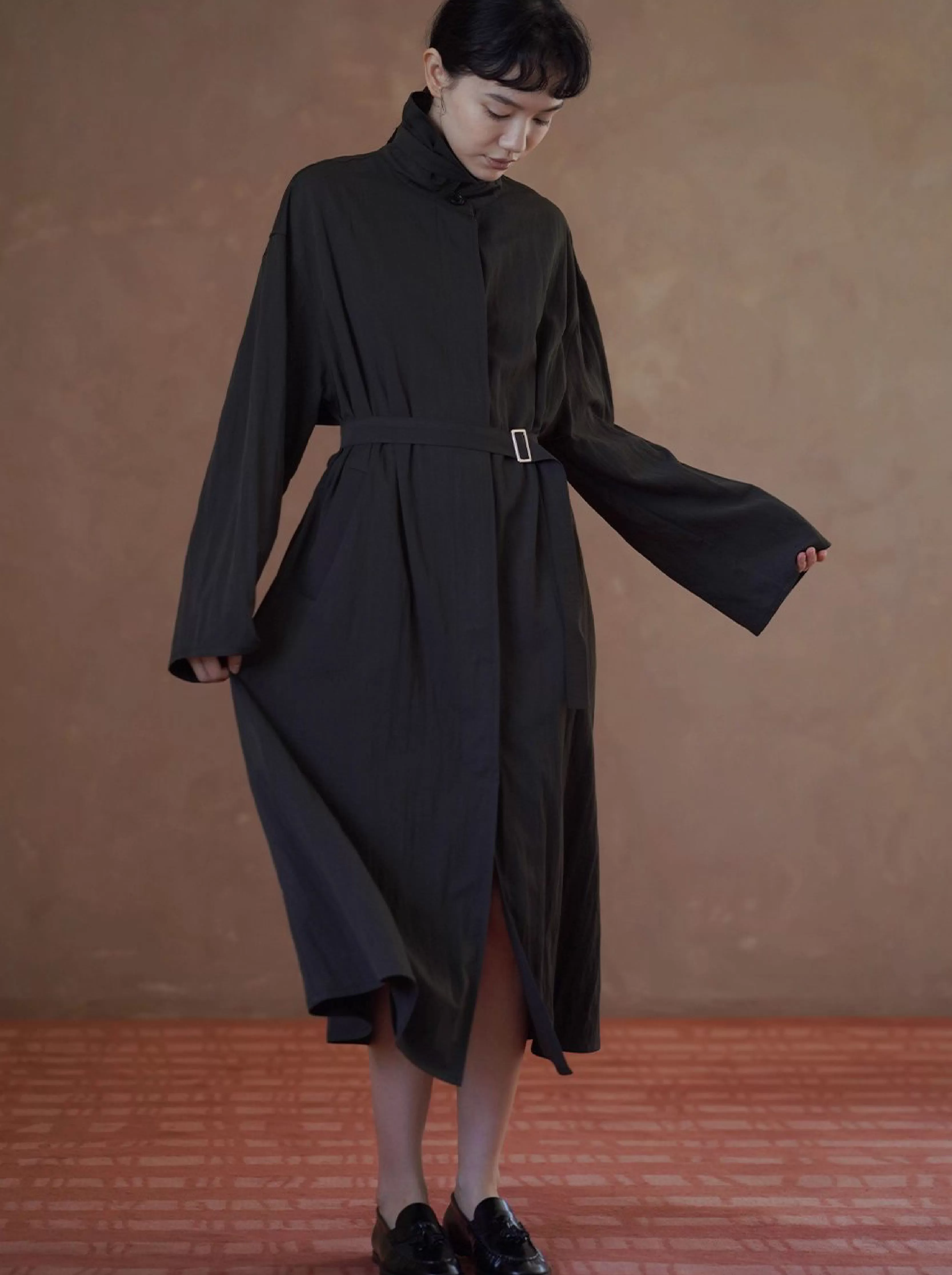 晚潮綠波風衣洋裝微皺肌理感寬鬆腰帶顯瘦通勤外套女